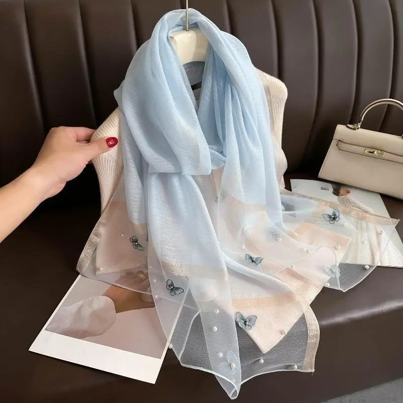 Women's Sheer Faux Silk Shawl with Pearl Butterfly & Glitter Trim, Lightweight Sun Shield Cover-Up for Weddings & Parties, Women's Clothes