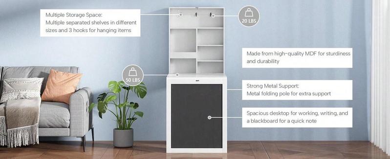 Indoor furniture  Folding Floating Convertible Wall Mounted Table Space Saving Computer Laptop With Storage Bookcase Chalkboard Foldable Writing Desk Home Bed Room Office Furniture White Black