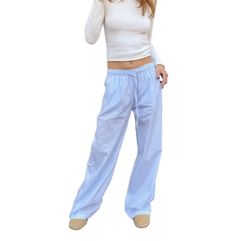 Y2k Striped Pants for Women Elastic Drawstring High Waist Wide Leg Pants Vintage Streetwear Lounge Trousers