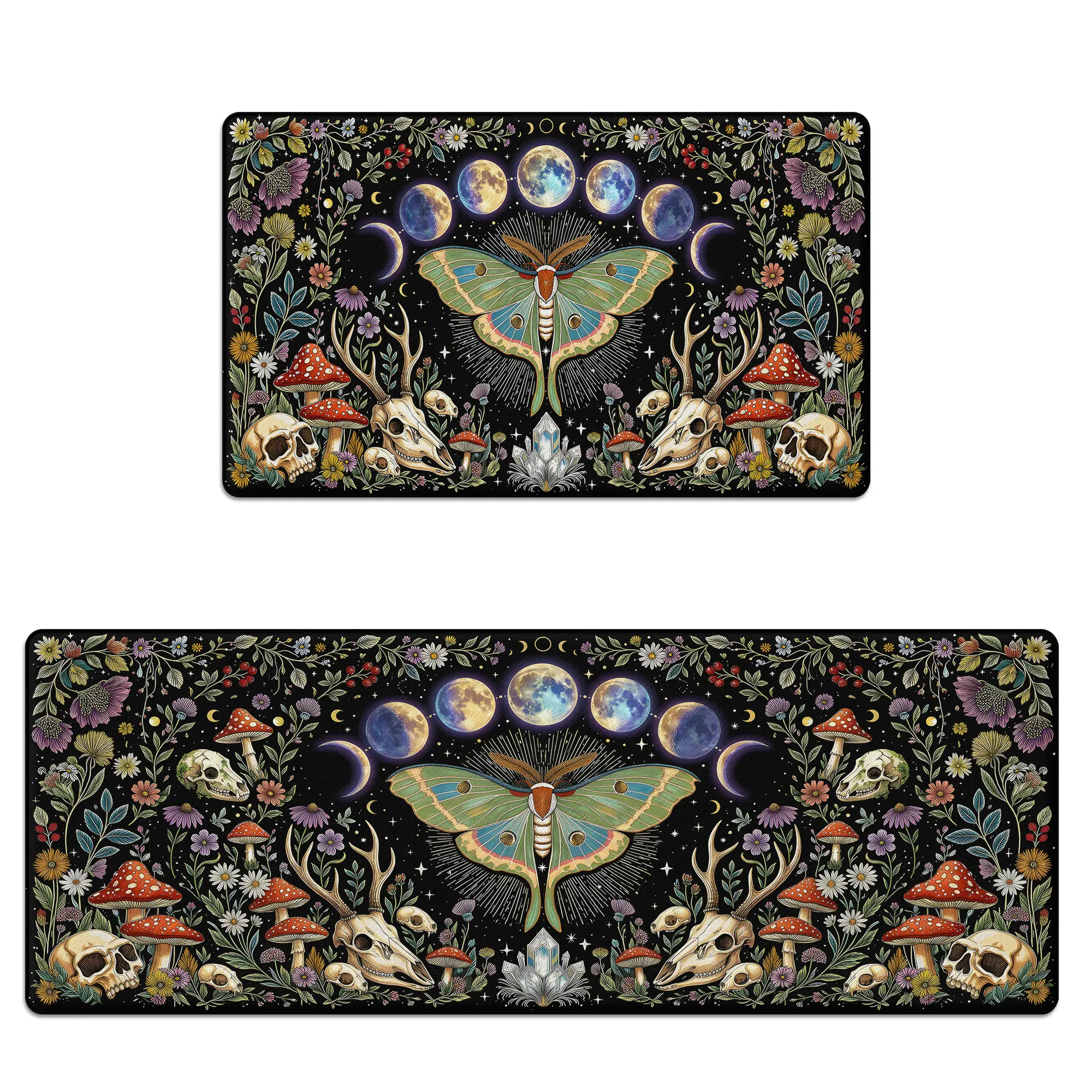 Kitchen Mat Set Anti-Fatigue Cushioned Memory Foam, Non-Slip, Scratch-Resistant & Waterproof Gothic Moon Moth Mushroom Kitchen Rug