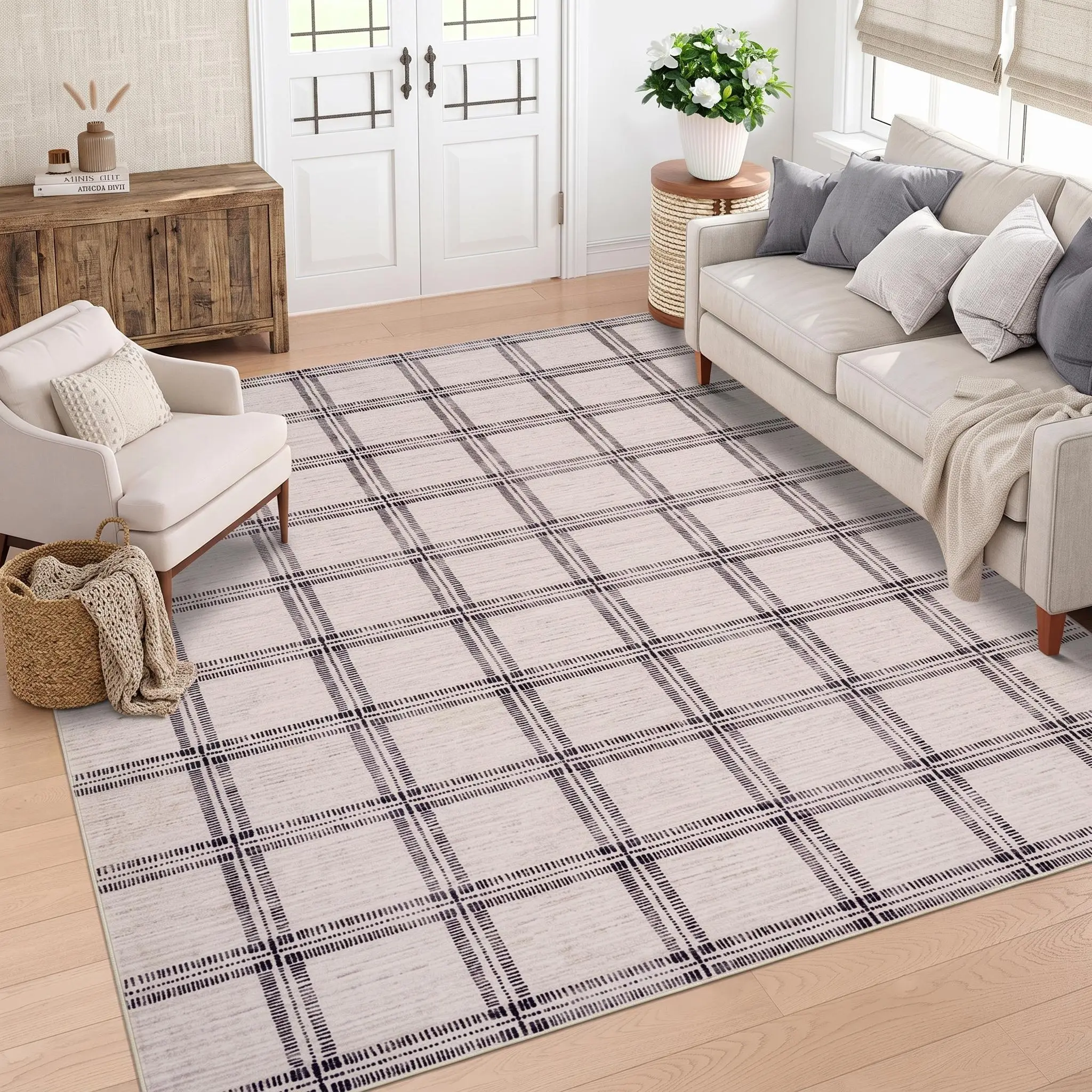 Modern Checkered Print Area Rug, Ultra-Thin Foldable Soft Non-Slip Machine Washable Minimalist Indoor Decor Rug for Living Room, Dining Room, Playroom & Kids Room bedroom mat