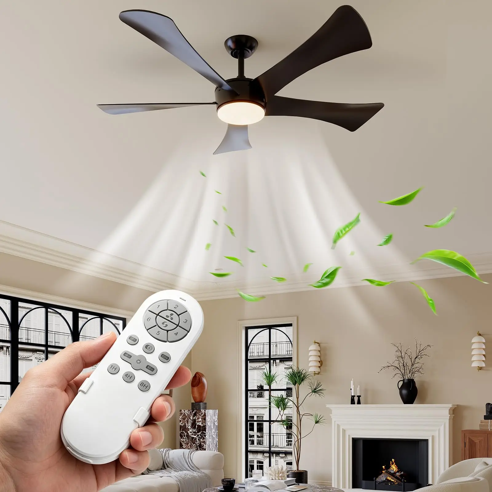 52 Inch Black Ceiling Fan with Light Quick Install ABS Blade Remote Control DC Motor Modern Ceiling Fan for Living Room