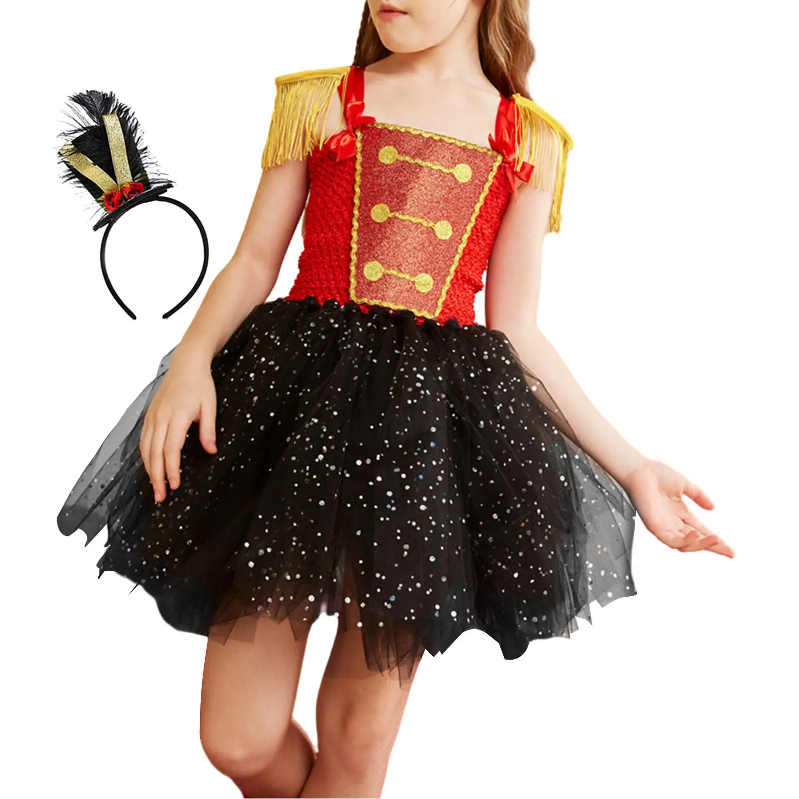 Christmas Girls Nutcracker Soldier Tutu Costume Set Red Glitter Sequins Tulle Tutu Dress with Headband Kids Circus Ringmaster Fancy Dress