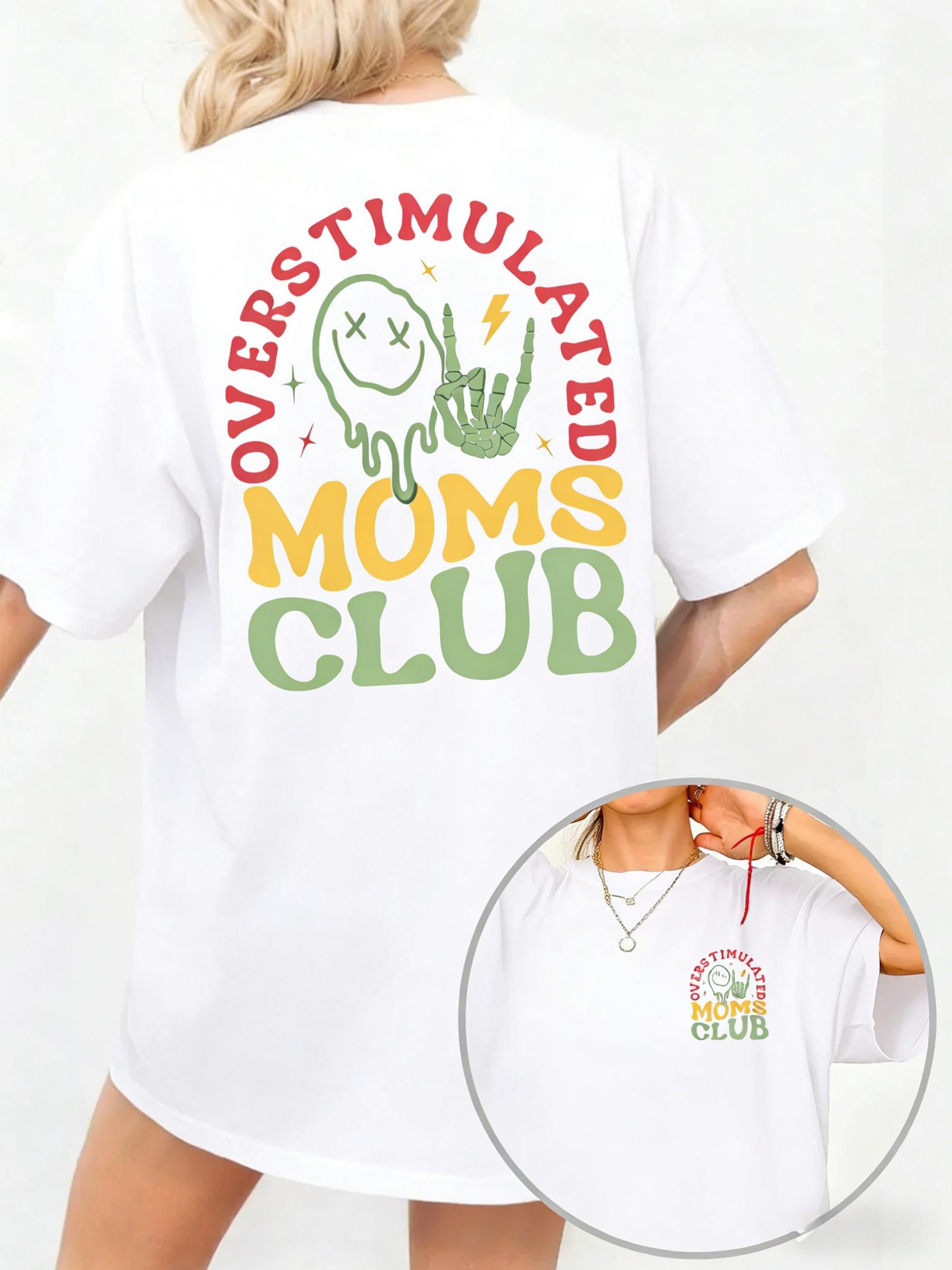 Women's "Overstimulated Moms Club" Round Neck Graphic Tee, Vintage Trendy Casual Short Sleeve T-Shirt for Daily Wear, Ladies Summer Top