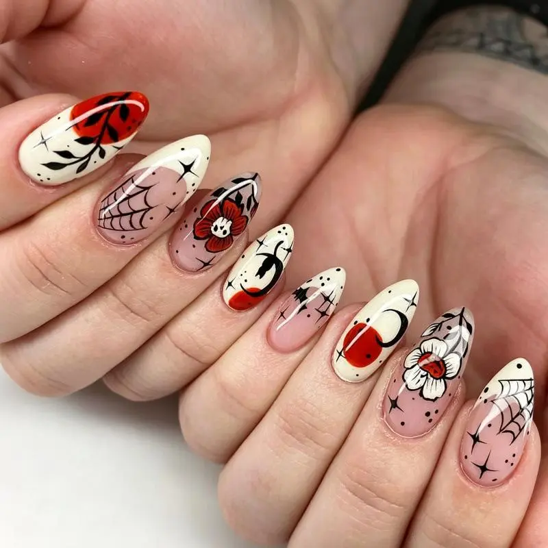 Halloween Press on Nails 30 Pieces Dark Gothic Rose Gothic Bat Silhouette