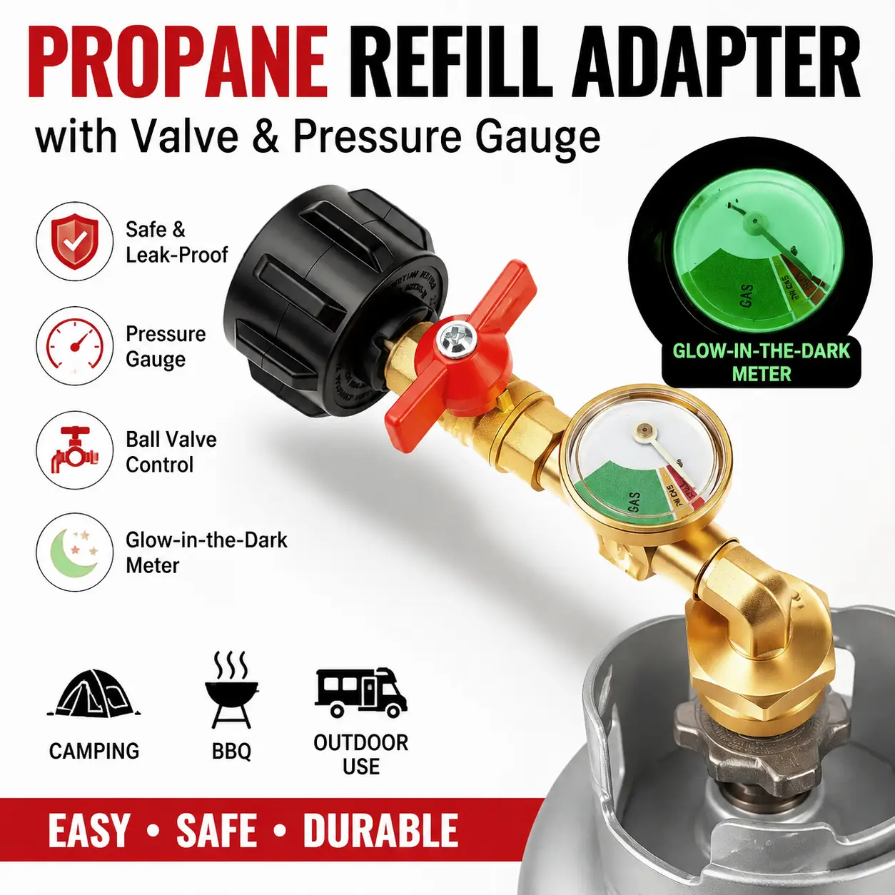 Propane Refill Adapter with Valve & Pressure Gauge, Gas Cylinder Filling Connector with Glow-in-the-Dark Meter, Ball Valve LPG Tank Refill Adapter, Propane Gas Refill Accessories for Camping, BBQ, Outdoor Use