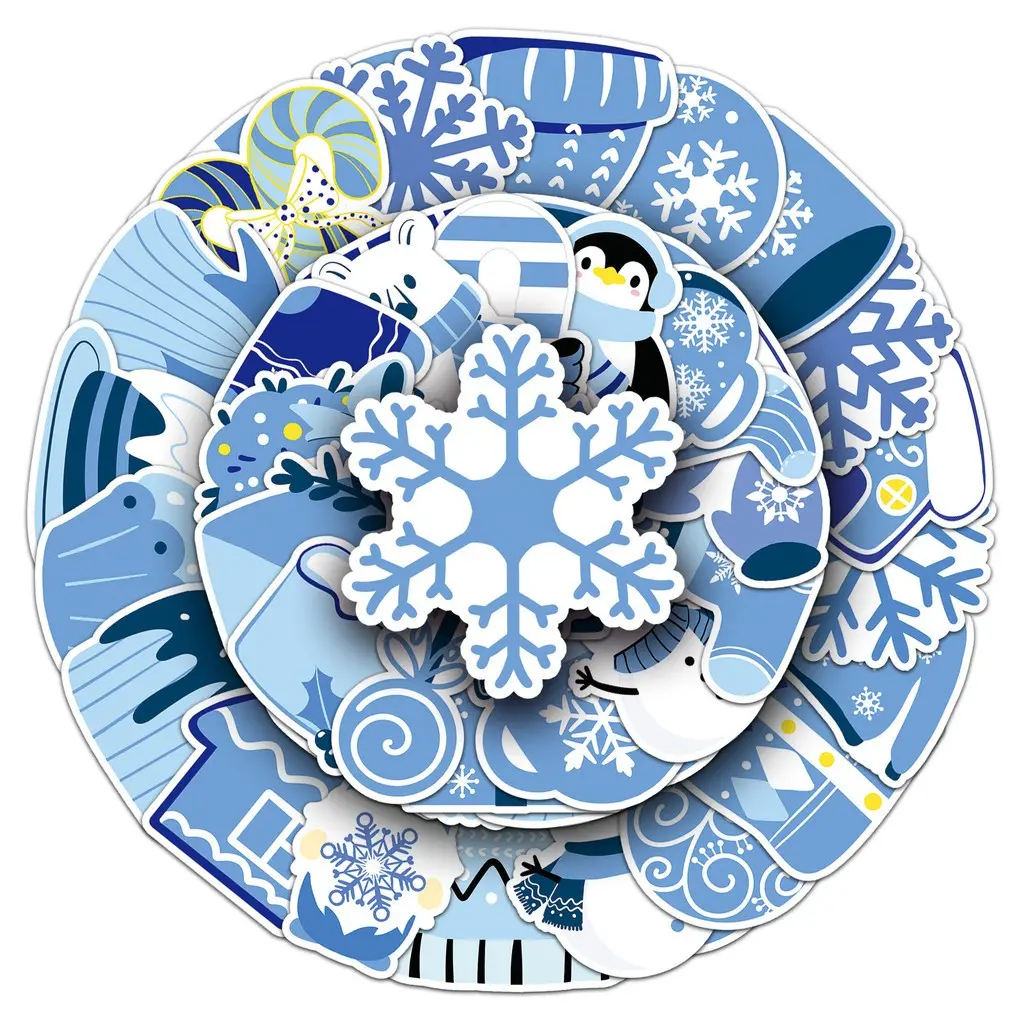 50 Blue Winter Stickers, Cute Cartoon Snowflake Waterproof Decorative Notebook Stickers, Small Fresh Seasonal Aesthetic Stickers
