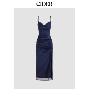Cider [2 colors, size 0-26] Cowl Neck Solid Glitter Drawstring Maxi Dress Dealsforyou