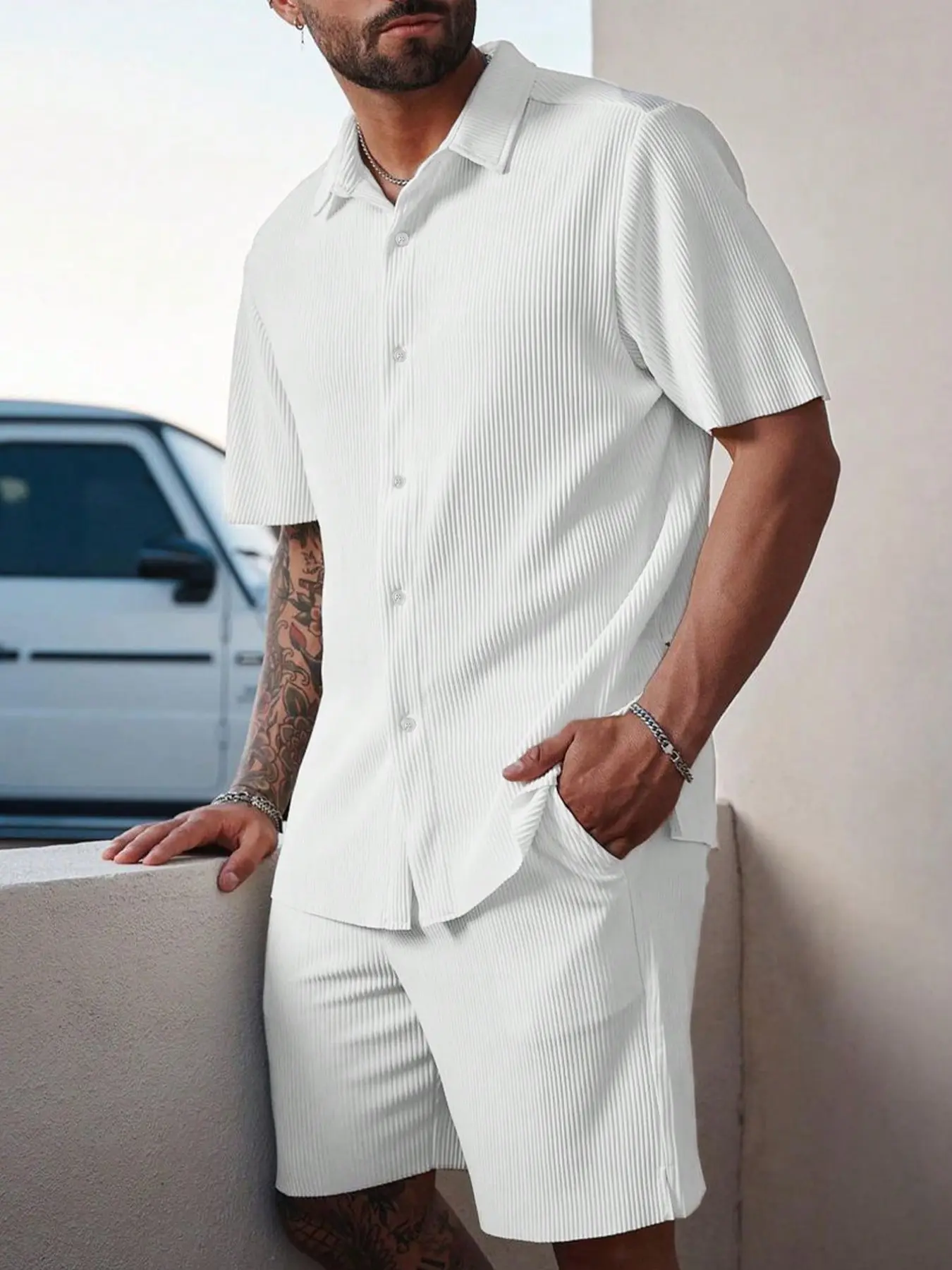 Men's 2-Piece Set Cuban Collar Short Sleeve Shirt & Drawstring Shorts Matching Set, Breathable Knit, Casual Summer, Comfortable Daily Wear
