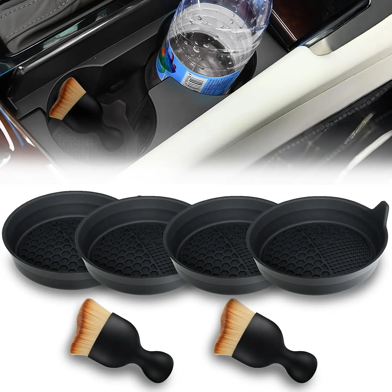 Car Interior Anti-Slip Cup Coasters & Cup Holder Inserts (4 Pack) with 2 Synthetic Cleaning Brushes, 3.19 Inches Diameter Water Resistant Spill Guard, Driving Accessories for SUV, Sedan (Black)