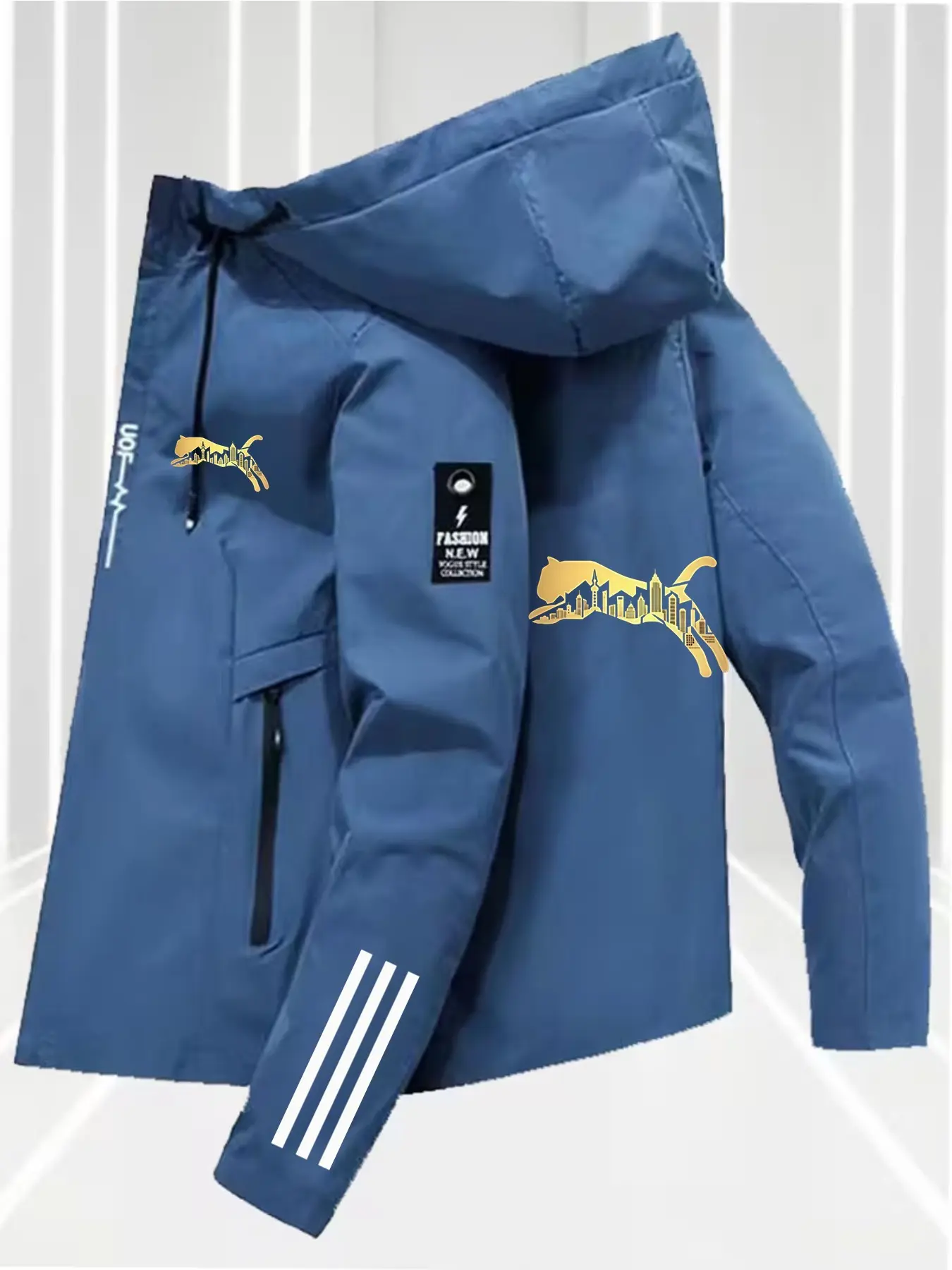 Trendy Reflective Geometric Print Hooded Jacket, Outdoor Functional Casual Versatile Coat, Stylish All-Season Outerwear, Casual Fall Jacket, Casual Outdoor Outerwears