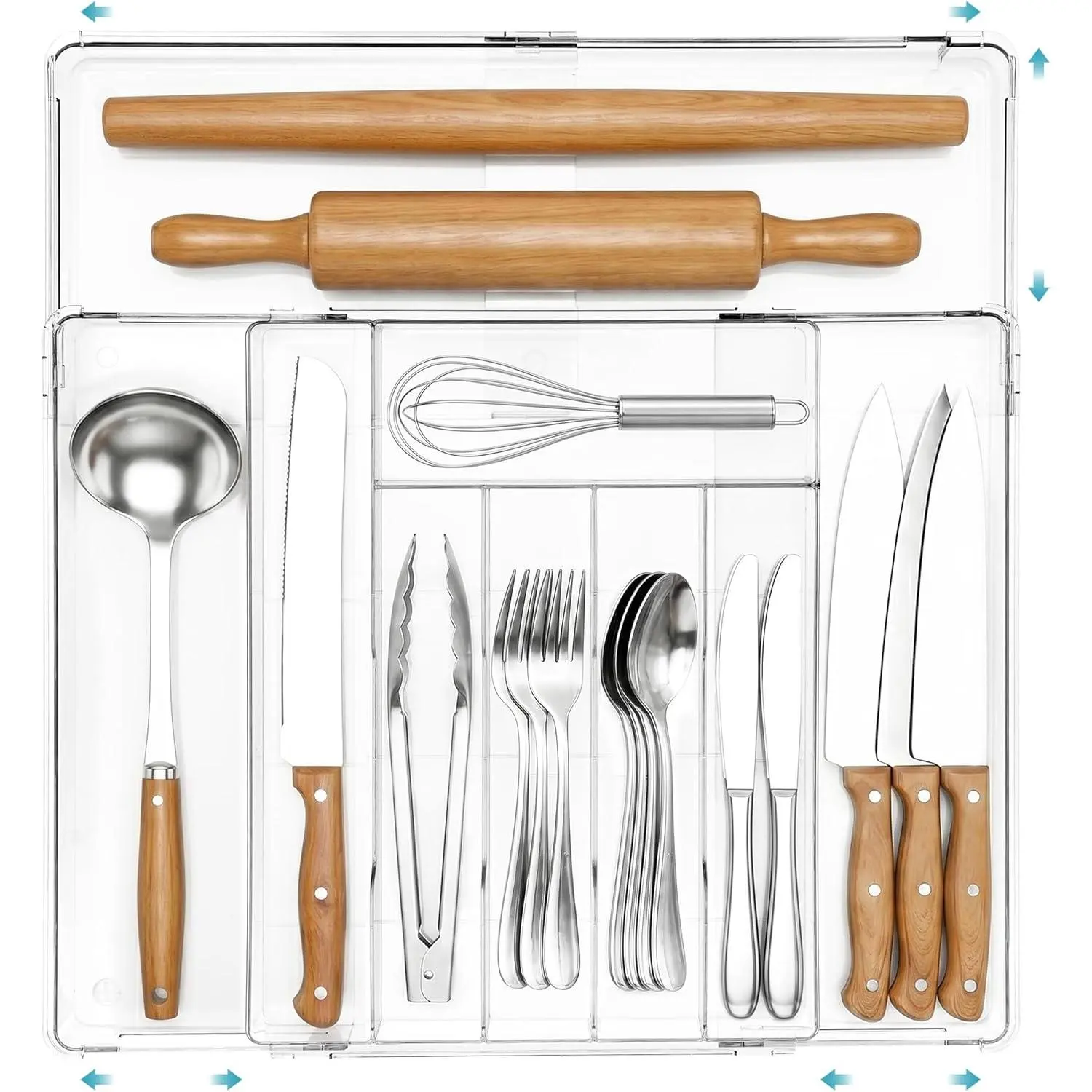 Expandable Silverware Organizer, Clear Plastic Food-Safe Cutlery Flatware Organizer, Kitchen Utensil Drawer Organizer, Adjustable Silverware Holder for Spoons Forks Knives, (6-9 Slots)