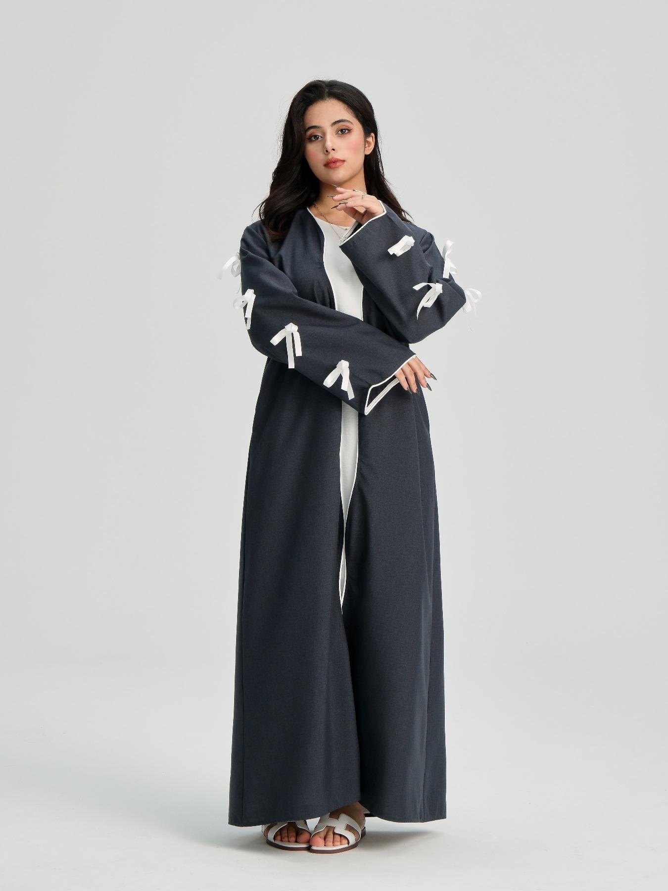 Women's Solid Color Bow Decor Wave Trim Open Front Cardigan, Casual Long Sleeve Womenswear Outerwear for Daily Wear, Ladies Clothes for All Seasons