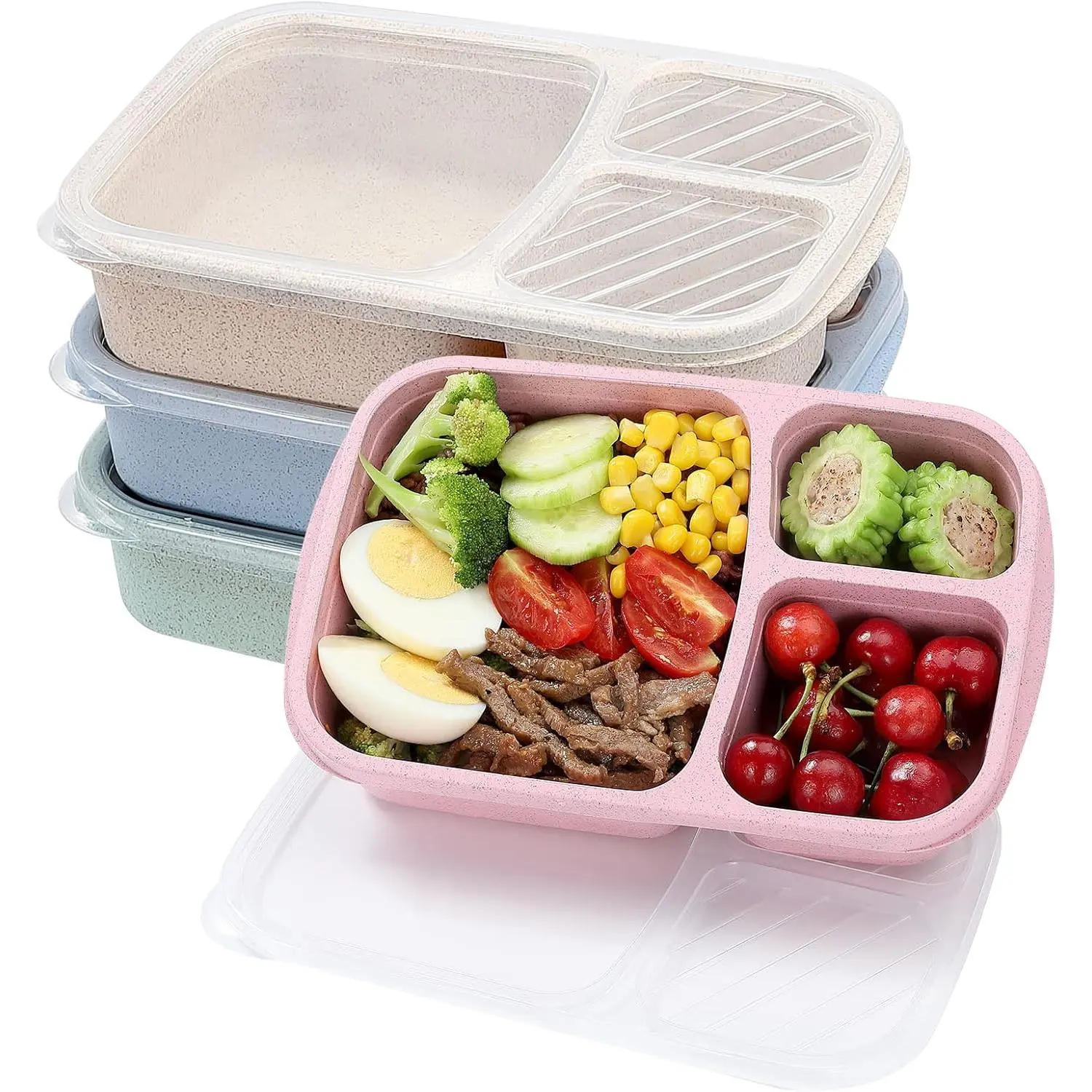 Buluker 4-Pack 3-Compartment Bento Lunch Box Set, Wheat Straw Tableware Food Storage Containers, Microwave & Dishwasher Safe (Light Color)