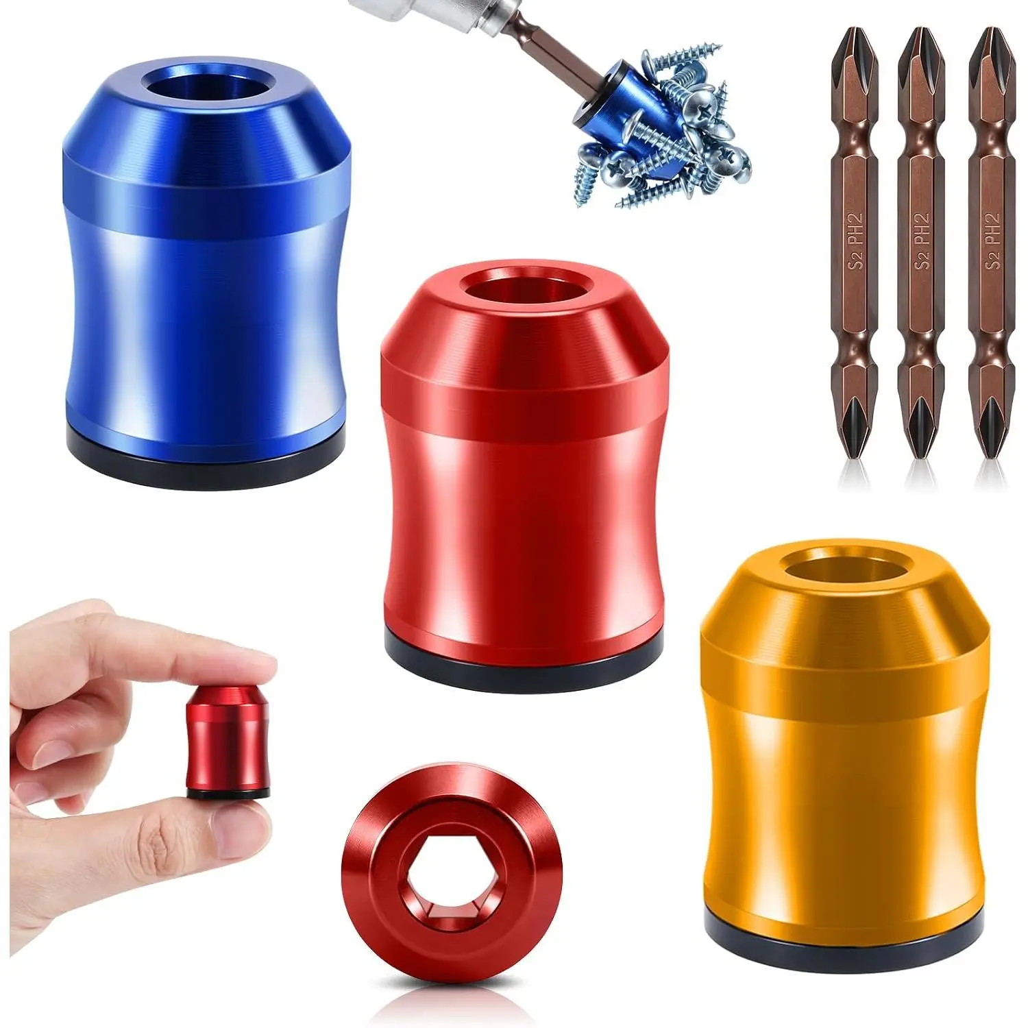 3Pcs Screw Ring & 3Pcs PH2 Rated Screwdriver Bit Set, 1/4" Shank 6.35mm Magnetic Grip Screw Holder, Drill Compatible Removable Ring for Home DIY & Woodworking