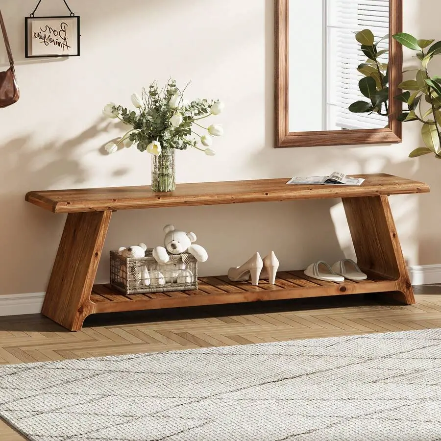 63-Inch Long Solid Wood Entryway Bench With Storage, Farmhouse Narrow Shoe Bench Seat, End Of Bed For Entry, Hallway, Indoor, Living Room,decor,