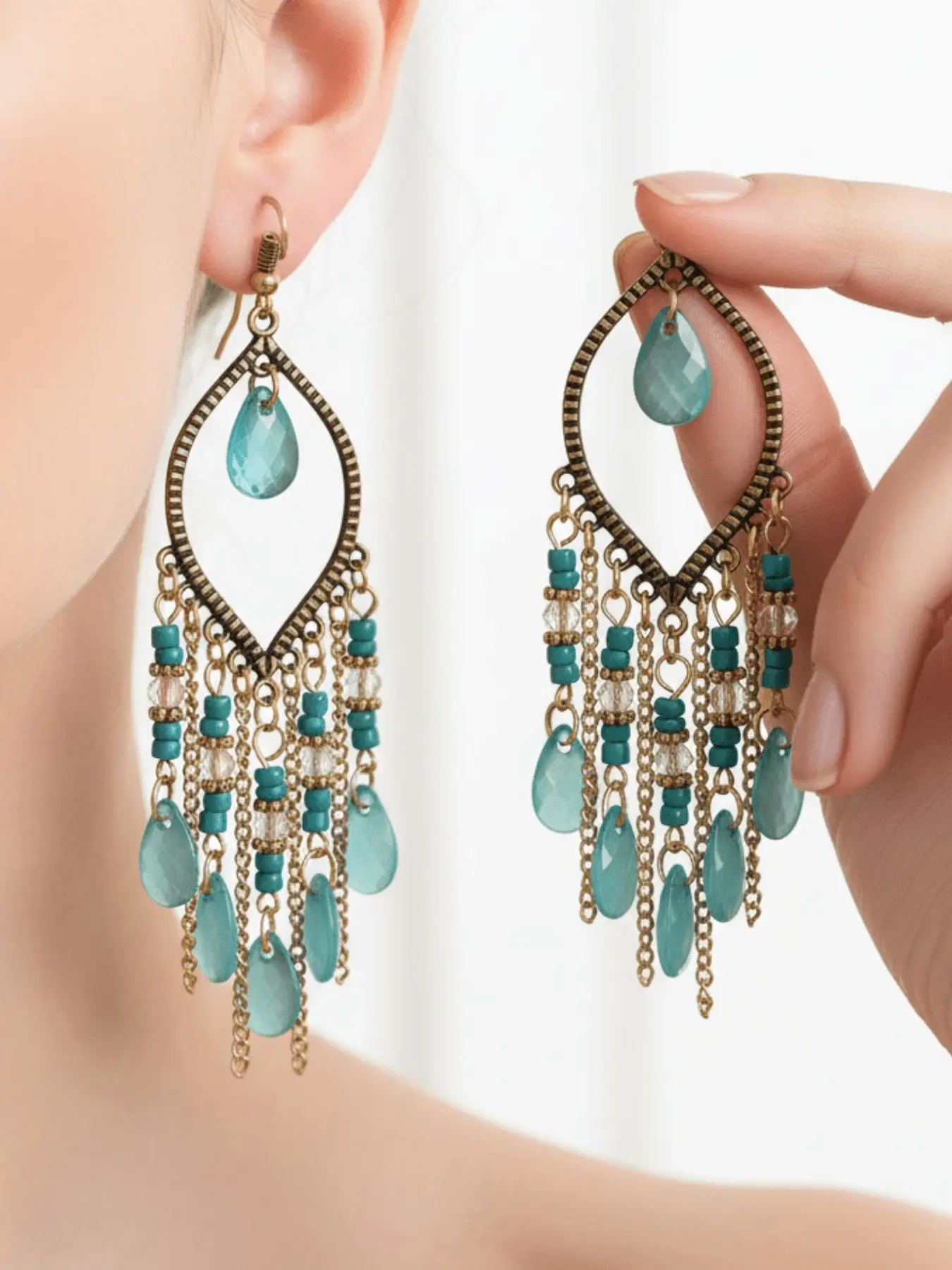 Boho Tassel Earrings, Turquoise Teardrop Crystal Fringe Dangle Drop Earrings, Nickel Free Hypoallergenic Sustainable Western Jewelry for Women Summer Beach Outfit