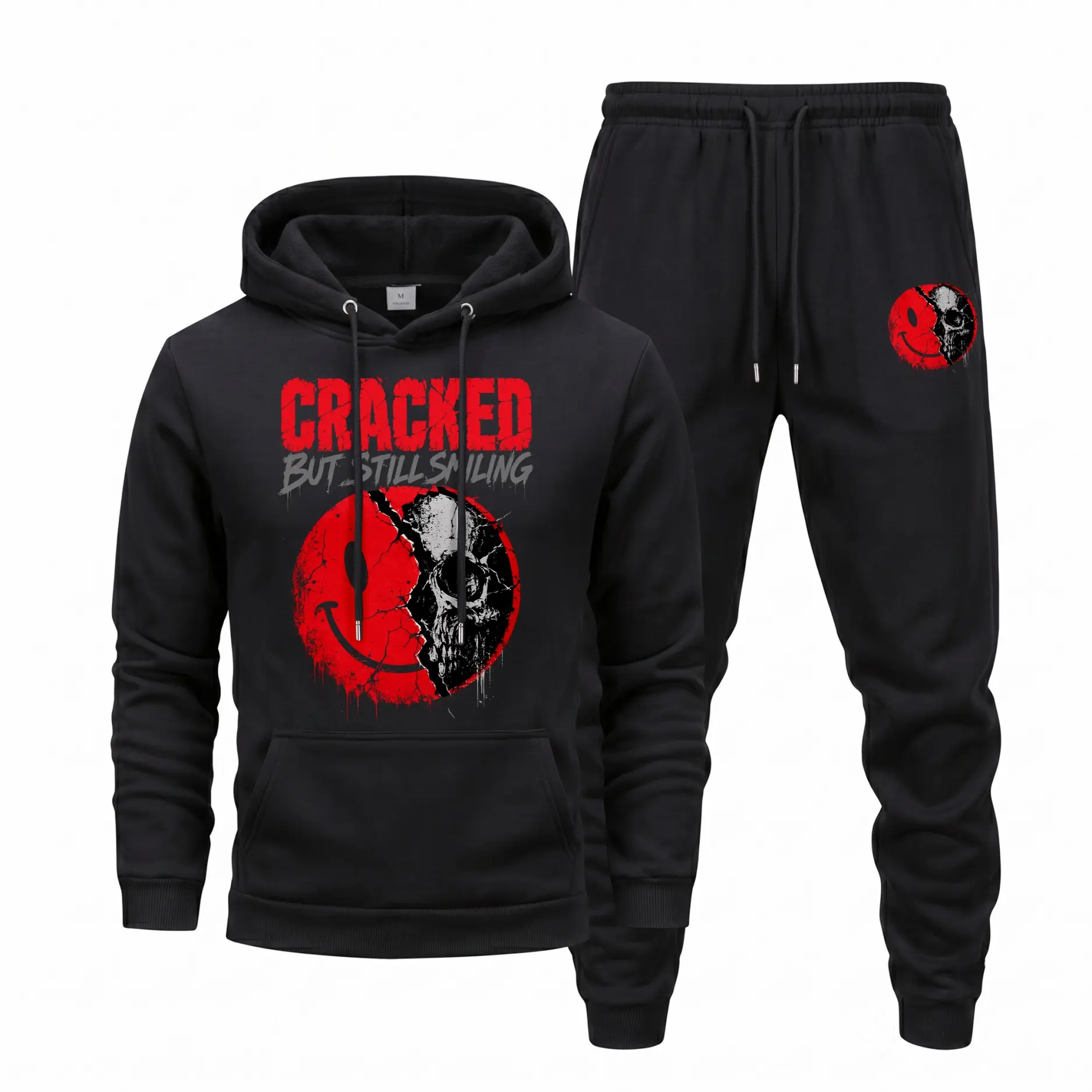 Men's Cracked But Still Smiling Graphic Hoodie and Sweatpants Set, Casual Hip-Hop Long Sleeve Pullover & Drawstring Jogger Pants, Fall Winter Tracksuit for Daily Wear, Travel, Lounge, Indoor Outdoor and Streetwear