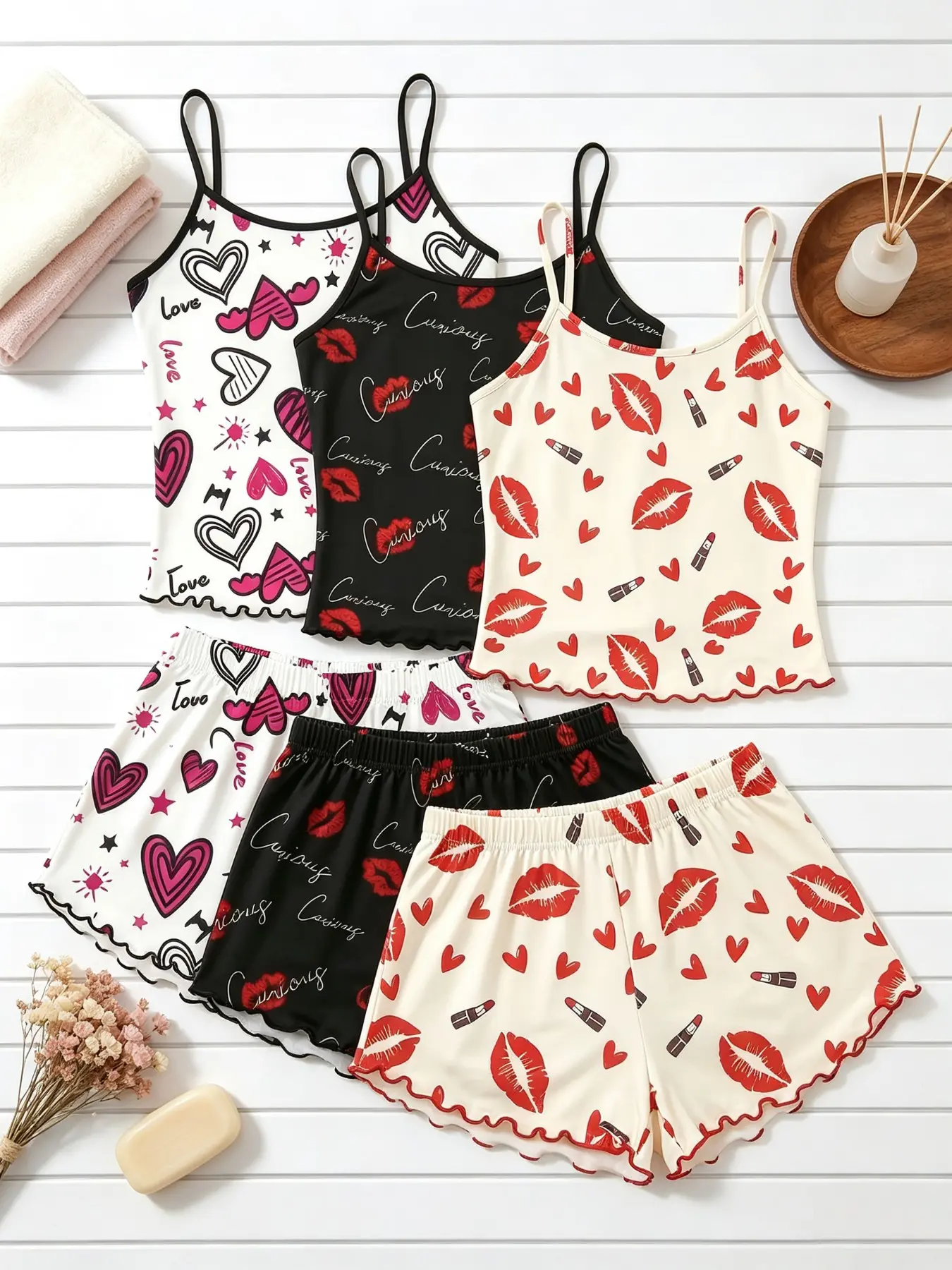 Women's Sleepwear 6 Piece Matching Bundle Flirty Bold Aesthetic Lip Heart Love Print Summer Glam Sexy Style Spaghetti Strap Lettuce Ruffle Hem Contrast Trim Silky Soft Breathable Lightweight Cami Short Pant Set Home Sleepover Lounge Wear Camisole Sets