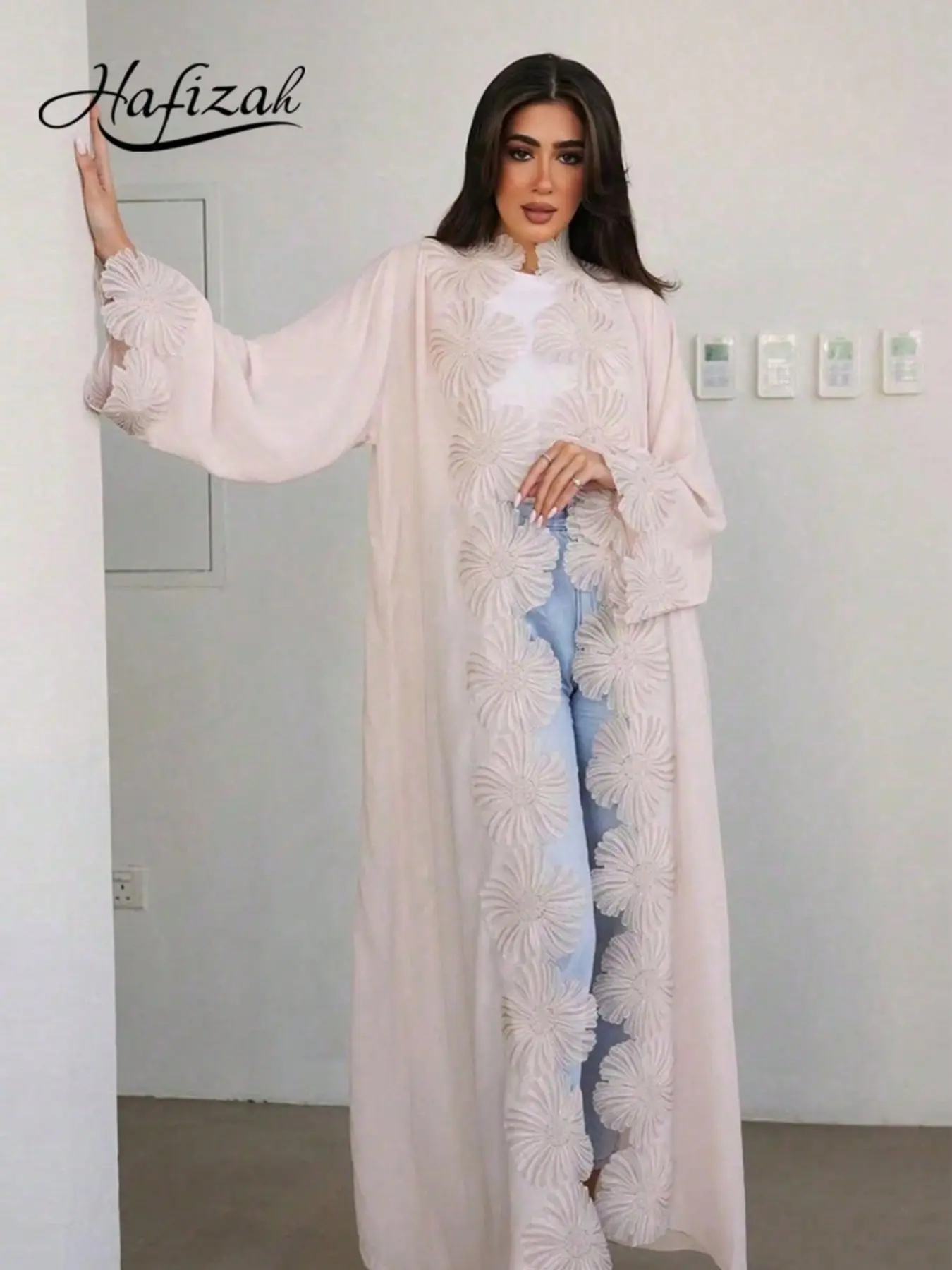 Hafizah Long Cardigan with Floral Lace Trim, Stand Collar, Loose Fit, Casual Outerwear Clothes for Women, All Seasons, Plain Pattern