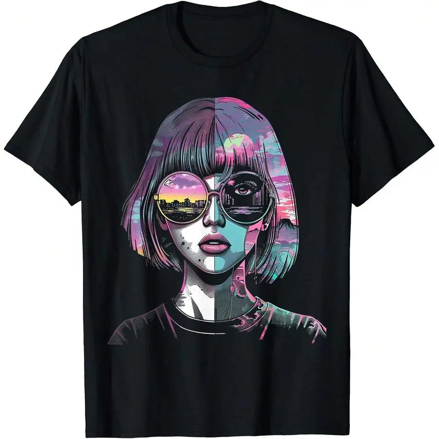 Cool Cyberpunk Girl Print Tee, Women's Casual Short Sleeve Round Neck T-Shirt, Regular Fit Stylish Top