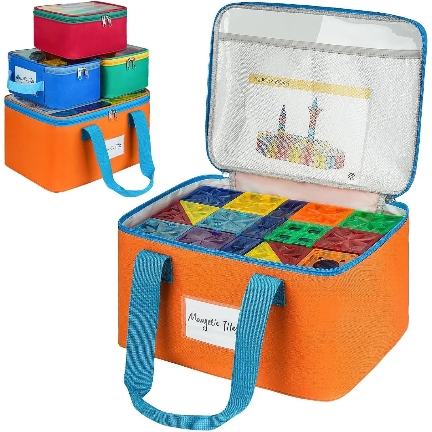 4 Packs Magnetic Tiles Storage Bags,Magnetic Tiles Storage Bin,Toy Organizer Case with Mesh Pocket and Tag Pocket for Magnet Building Tiles,Board Game,Puzzle and Lego Bricks