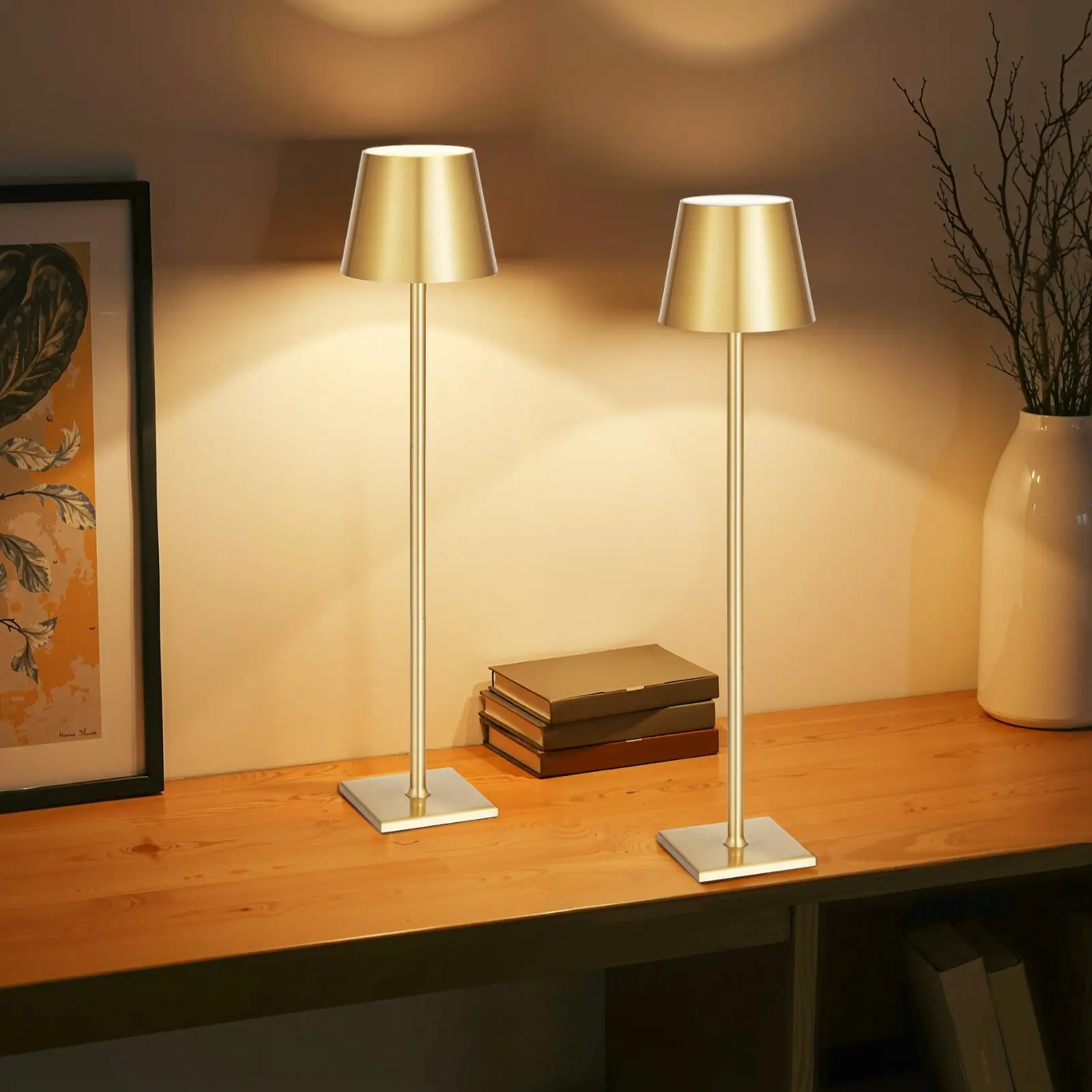VEVOR 2-Pack Aluminum Cordless Table Lamp, 5200mAh Rechargeable Battery Desk Lamp with Stepless Adjustable Brightness, 3 Adjustable Heights, Detachable Head, Gold for Bedroom, Outdoor