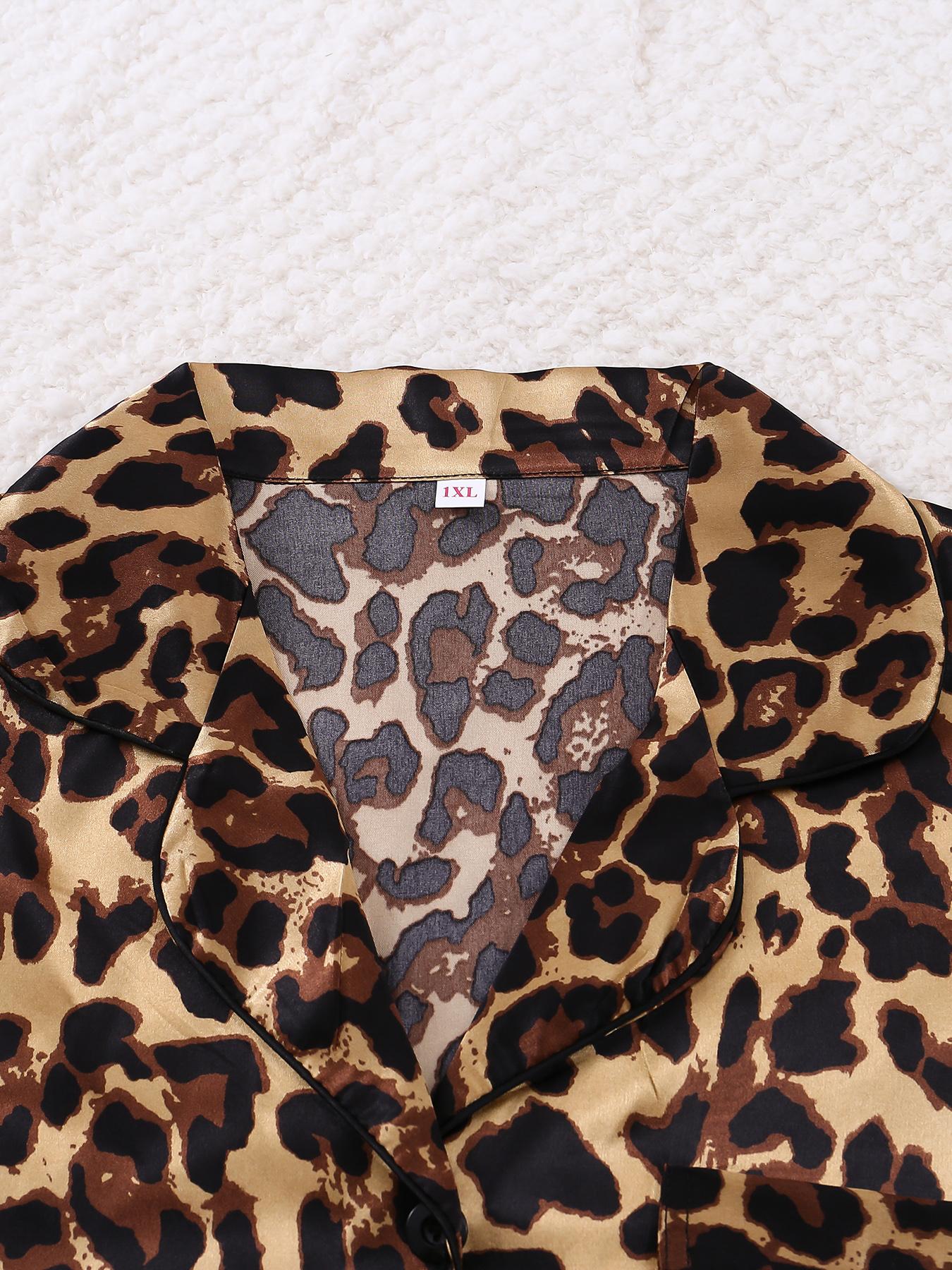 【Plus Size】 Two-Piece Set All Over Print Button Front Shirt & Pants Satin Pyjama Set, Casual Comfy Long Sleeve Top & Trousers PJ Set, Women's Sleepwear for Spring & Fall