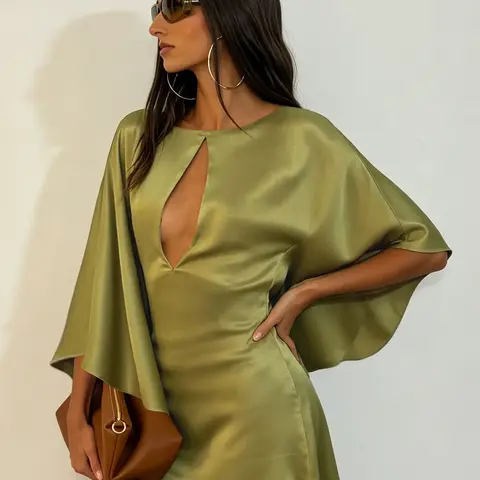 Vintage Fashion Hollow Out Dress, Delilah Dress, Party Style Slim Fit, 3/4 Sleeve, Solid Color, Short Dress, Elegant Batwing Sleeves