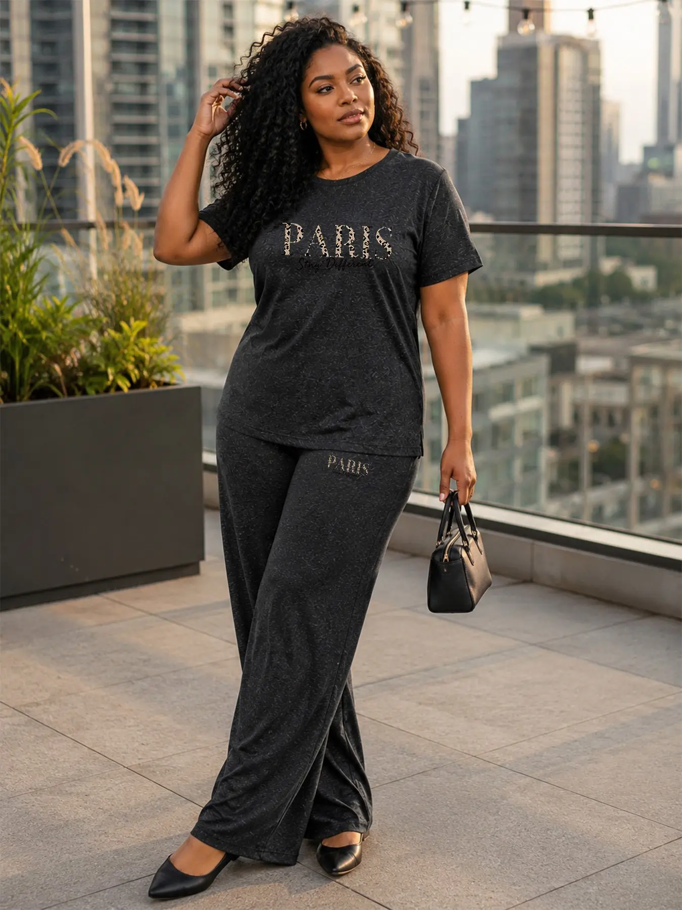 plus size women PARIS letter print two piece set short sleeve wide leg outfit