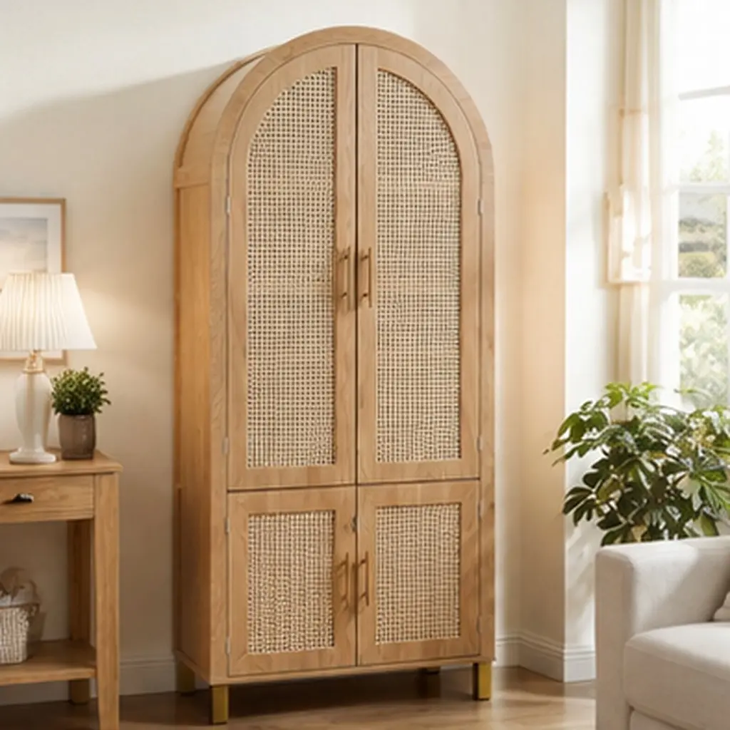 ARCH 71" Tall Arched Storage Cabinet with Rattan Doors, 4-Door Modern Farmhouse Sideboard Buffet with Adjustable Shelves & Built-in Racks, MDF, Multiple Color Options, for Kitchen Dining Room Living Room, Oak/White Color Options, MDF Material