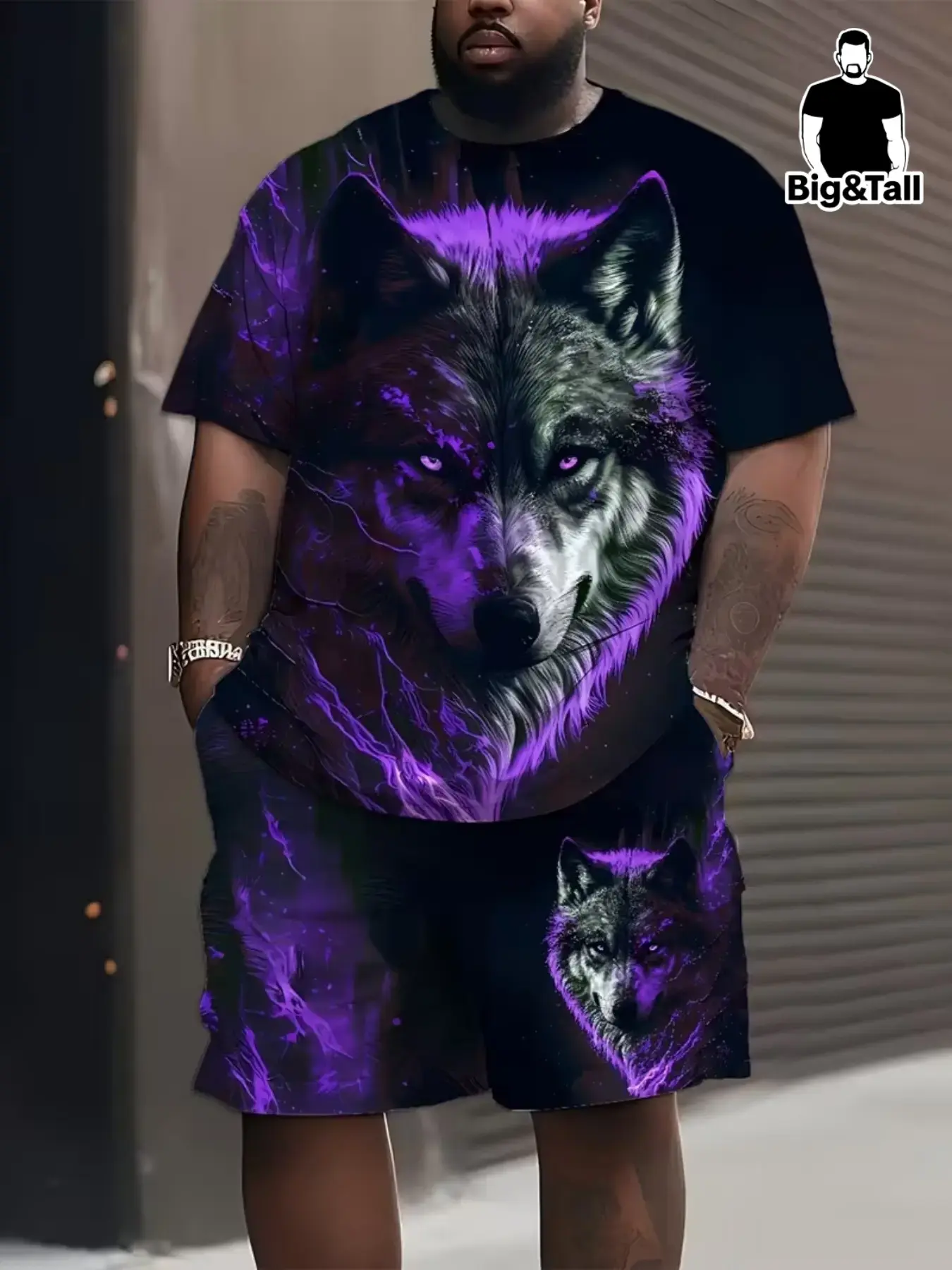 Men's Plus Size 3D Wolf Print T-Shirt and Shorts Set, Polyester Material, Summer Sports, Party, Travel, Gift, Outfit, Menswear, Clothes