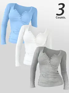 Spring Fall Fashion Casual Thin Fitted Long Sleeve Round Neck Solid Color  3 Pieces Women's Top T-Shirt with Buttons, Comfortable Fabric for Daily Wear