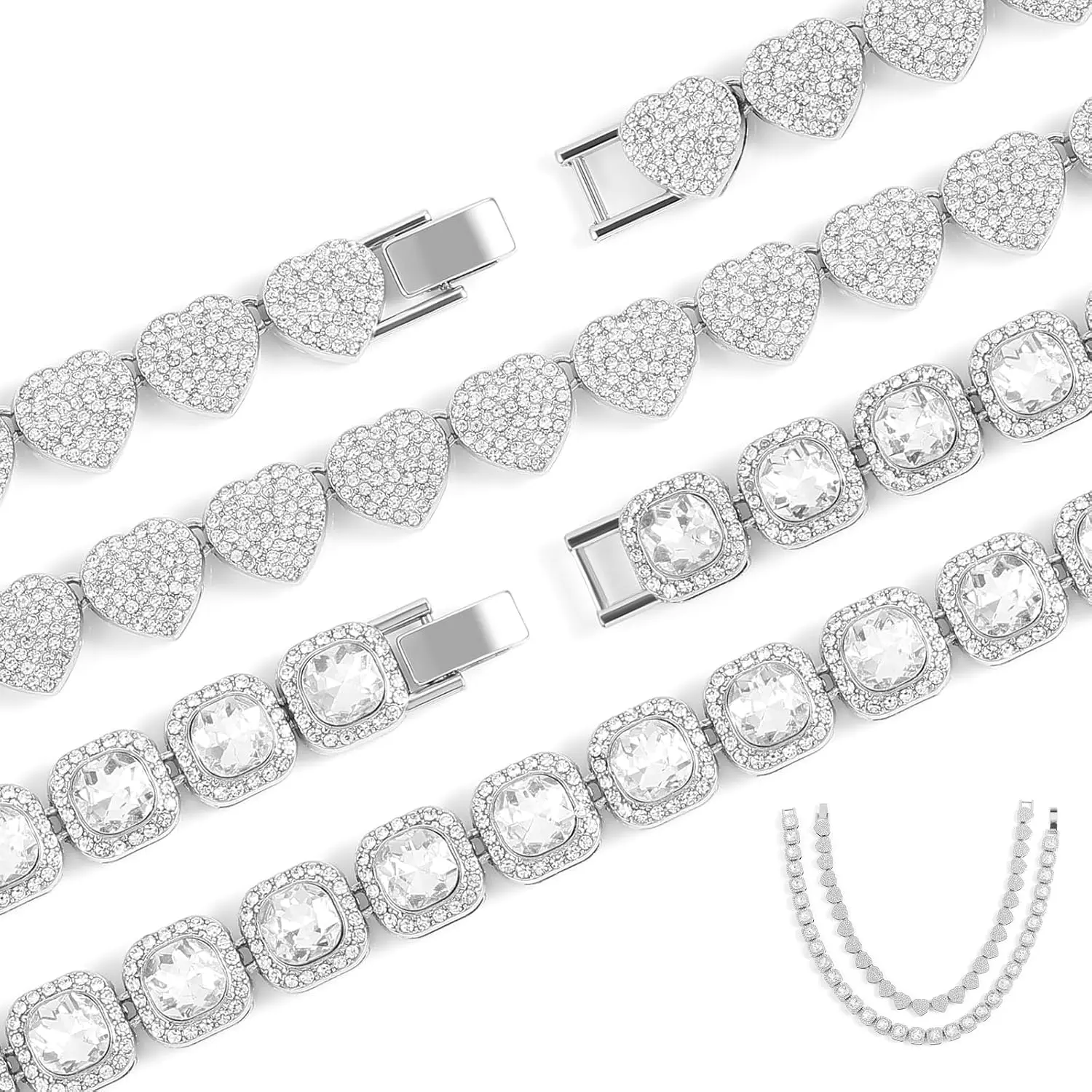 Tennis Necklaces for Women,2 Pieces  Chain and Heart Necklace Set Iced Out Miami Cuban  Hop