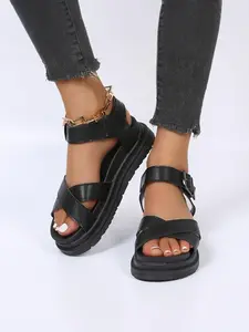 Fashionable Women's Summer Sandals, Thick Sole Cross Strap, Metal Buckle, Open Toe, Casual Style, PU Leather, Rubber Sole