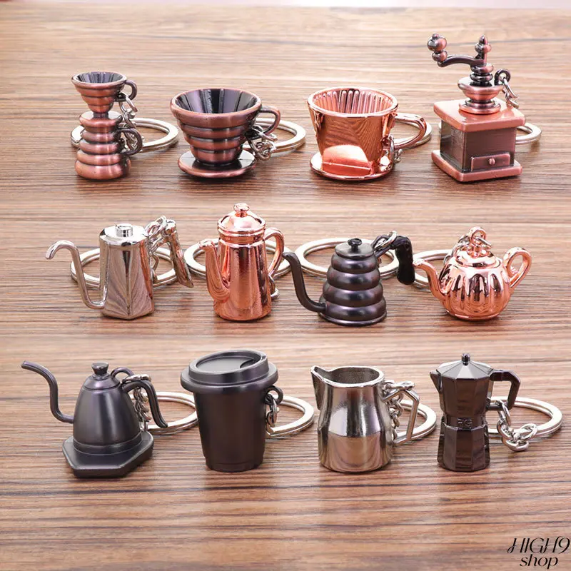 Creative 3D Coffee Cup & Moka Pot Zinc Alloy Keychain, Mini Coffee Utensil Bag Charms, Business Small Gifts, Size 0.8-2 Inches