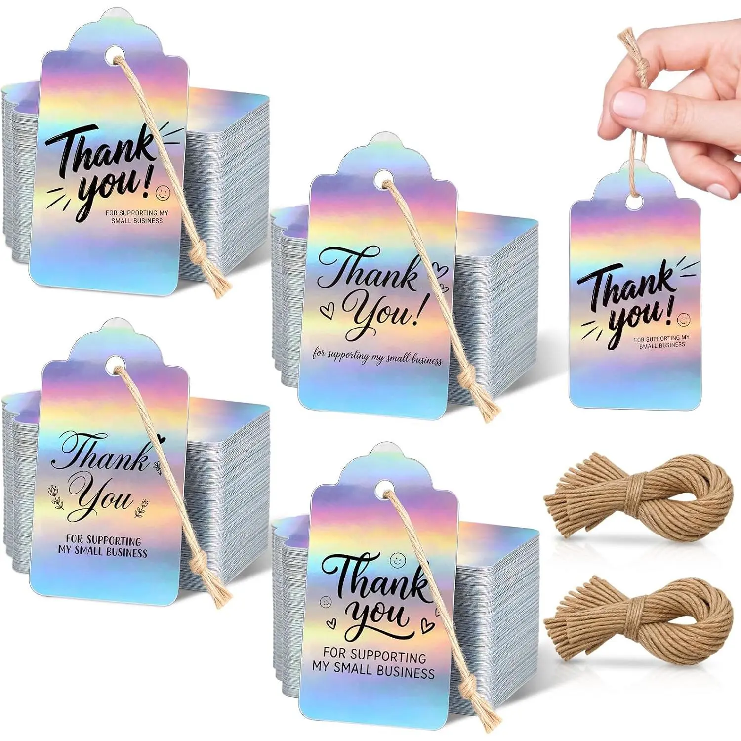 150 count Thank You for Supporting My Small Business  Tags, 2.8x1.7 Inch Thank You  Tags with String for Small Business, Holographic Customer Appreciation Cards for Retail Store Shop Packaging