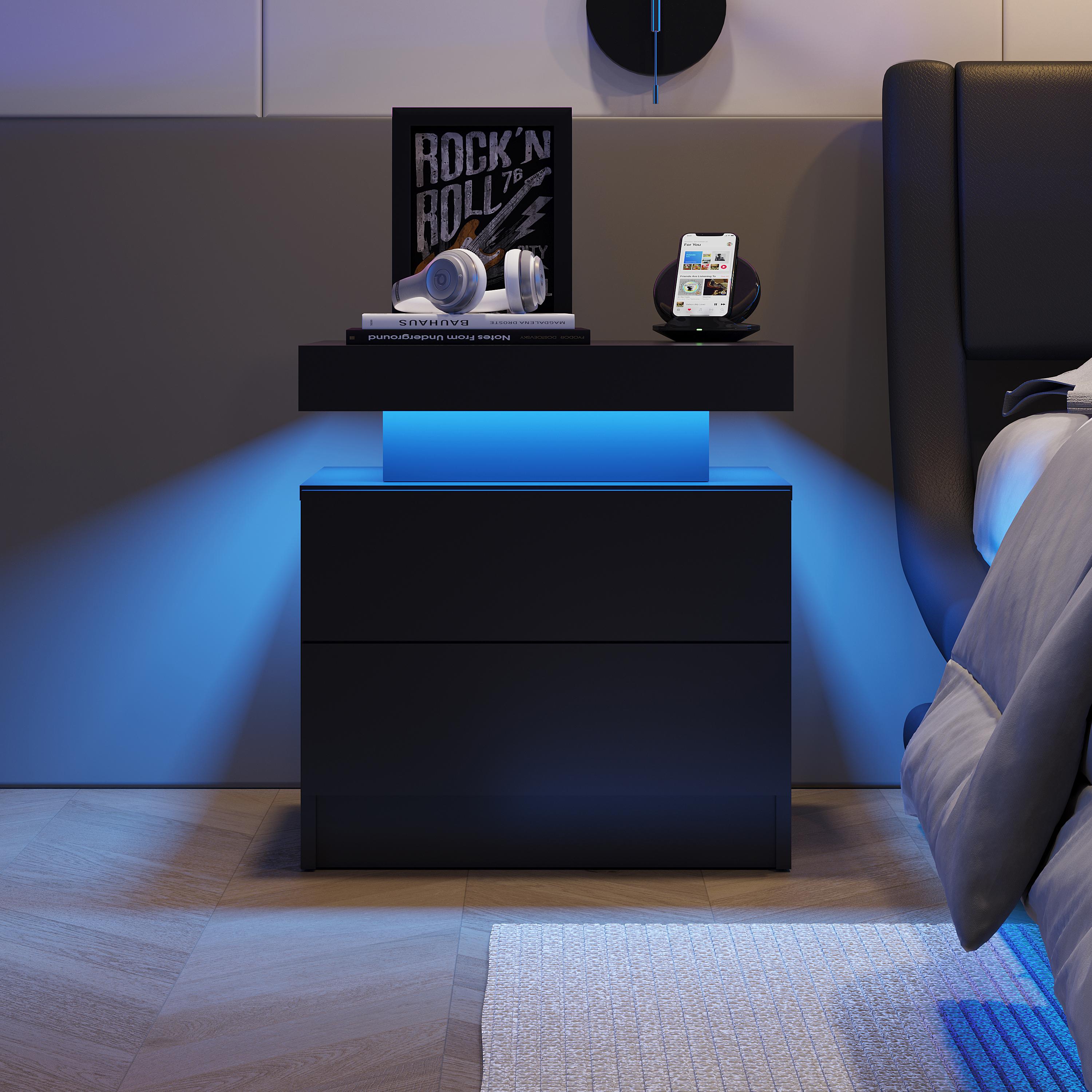 Bedroom Nightstand with 2 Drawers and 16-Color Adjustable RGB LED Lights, Modern Bedside Table Storage Bedroom Nightstand with 2 Drawers and 16-Color Adjustable RGB LED Lights, Modern Bedside Table Storage