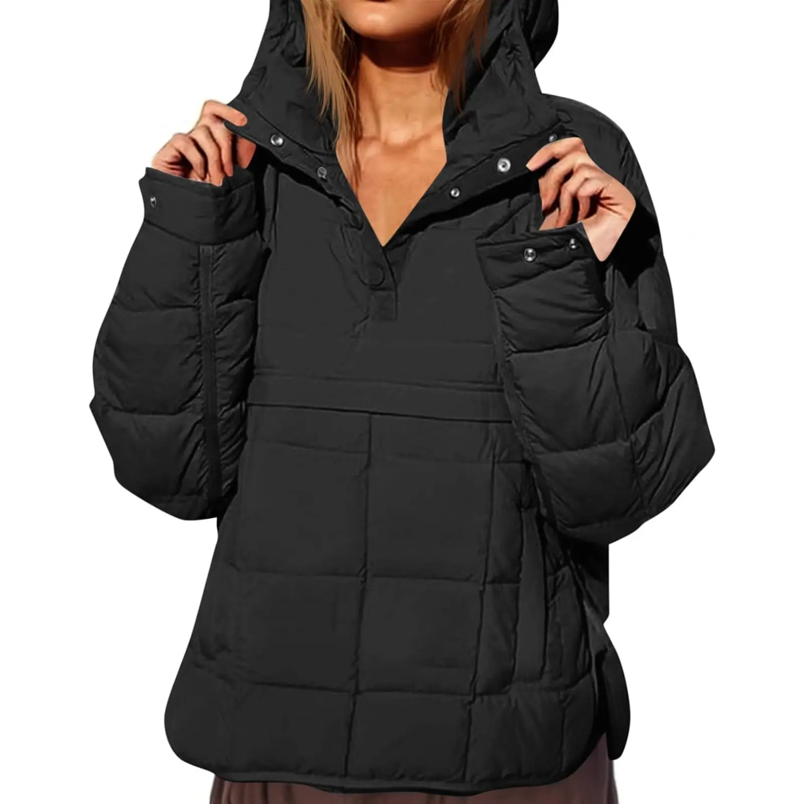 Tankaneo Womens Oversized Puffer Jacket Quilted Hoodies Pullover Warm Coat | Winter Coat Tops, Dolman, Lightweight, Packable, Long Batwing Sleeve, Funnel Collar, Loose Fit