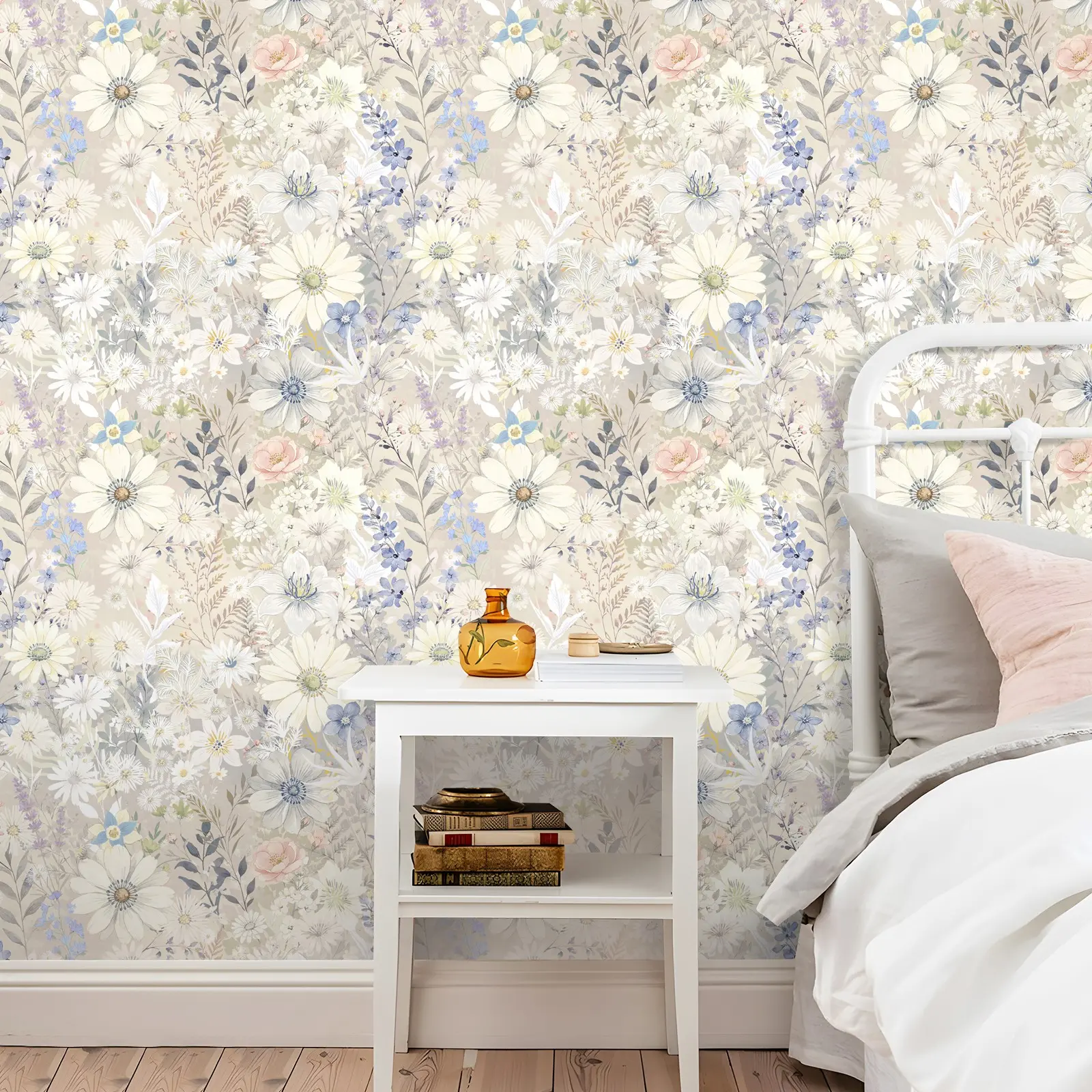 Bohemian Wild Daisy Floral Self-Adhesive Wallpaper, Easy Peel and Stick, Removable Wall Decor for Living Room, Bedroom, Apartment, Boho Wallpaper, Accent Wall Peel and Stick