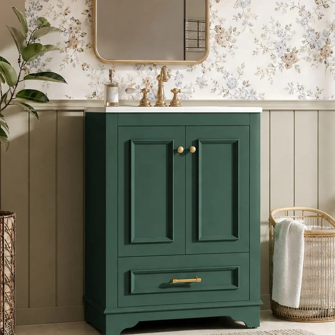 ARCH 30" Bathroom Vanity with Ceramic Sink, Solid Wood Floor Cabinet, 2 Soft-Close Doors, Modern Storage Organizer for Bathroom, Multiple Color Options Available, Black/Blue/Green/White Color Options, Ceramic/Solid Wood+MDF Material