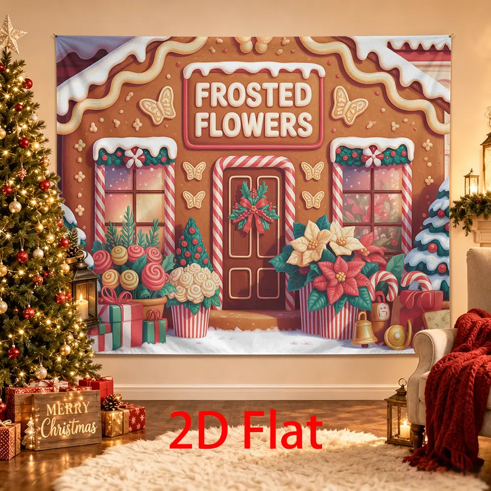 Gingerbread Christmas Shop Backdrop with Poinsettias, Candy Canes and Gifts