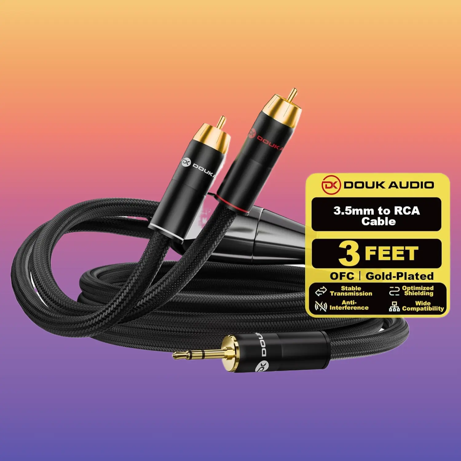 Bidirectional 3.5mm to RCA Audio Cable, 6N OFC, 24K Gold Plated, Triple Shielded, Nylon Braided, 1m, HiFi AUX for Phone PC Amplifier DAC Home Car