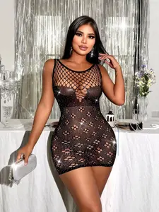 ❤️1 piece Sexy and alluring lingerie, sparkling rhinestone fishnet mini nightgown – sexy see-through mesh cutout tight-fitting party and nightclub lingerie.(Fits 40kg–75kg)❤️