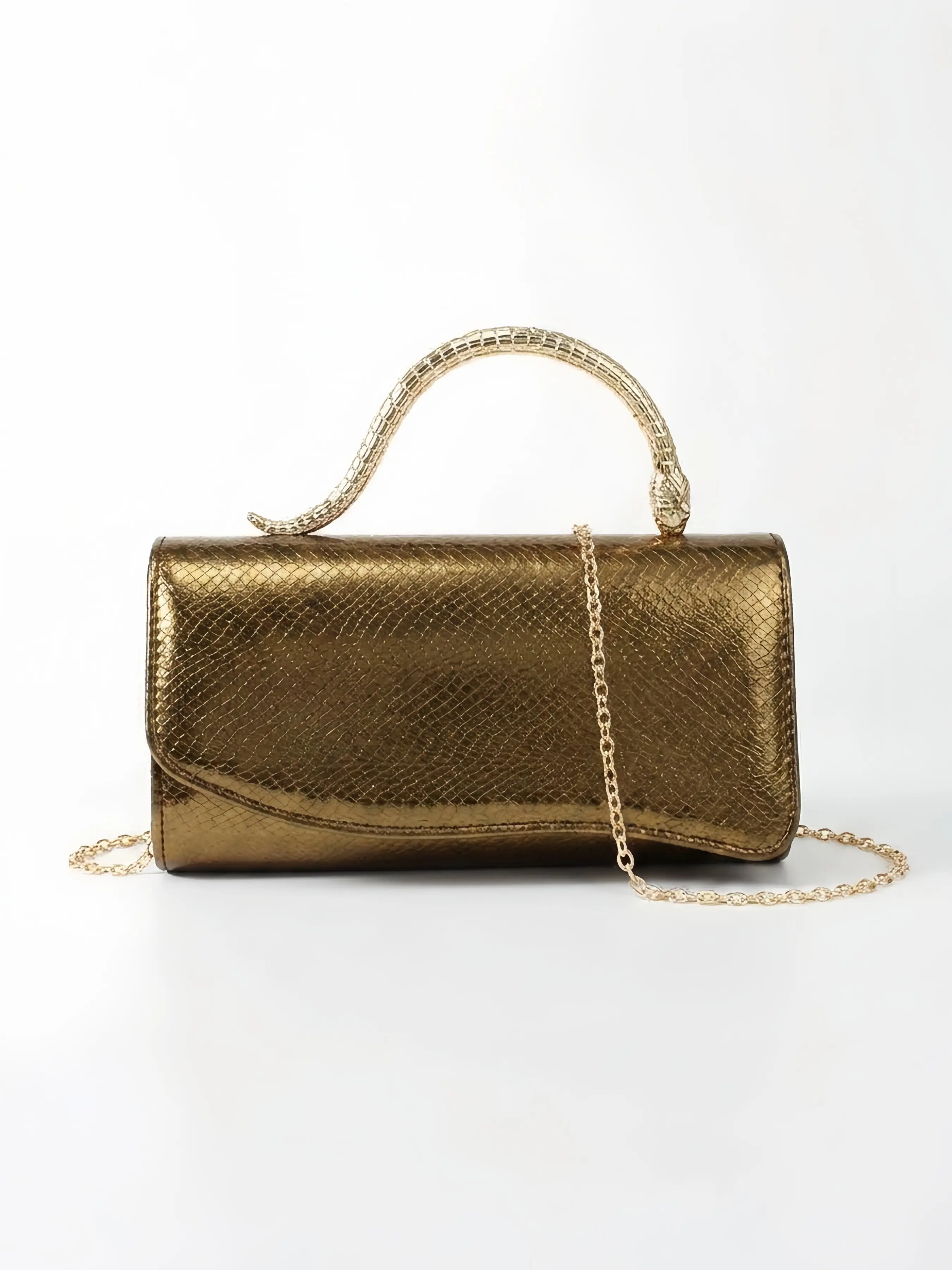 Viral TikTok Metallic Gold Snakeskin Clutch Bag for Women Snake Shape Metal Handle Evening Purse Removable Gold Chain Crossbody Handbag for Wedding Prom Cocktail Gala