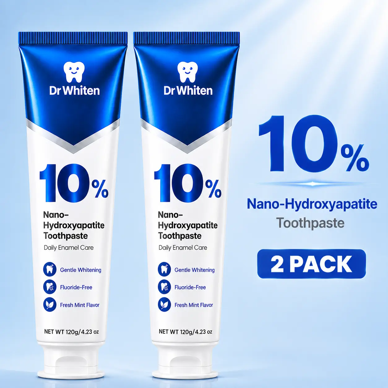 DrWhiten 10% Nano Hydroxyapatite Toothpaste, 4.23 oz – Fluoride-Free Formula with Natural Peppermint, Gentle Care for Sensitive Teeth, Fresh Breath, Daily Enamel Care & Brighter-Looking Smile