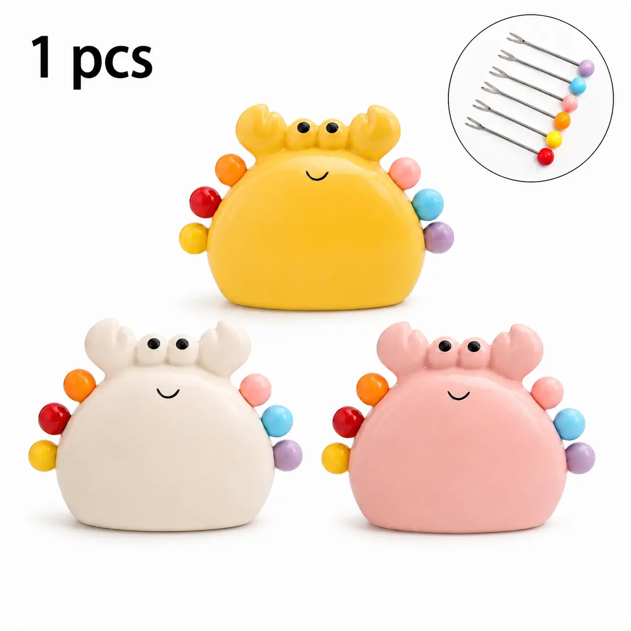 Cute Rainbow Crab-Shaped 304 Stainless Steel Fruit Picks with Ceramic Holder, Kids' Cutlery Dessert-Size Forks, Party Decorations for Tabletop Use