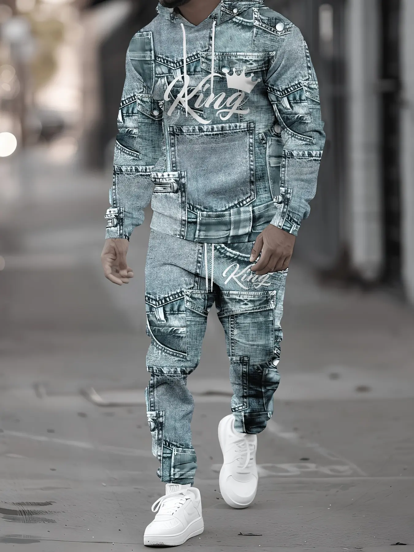 Print Design- Not Textured/2D Printing Men'S Print Cool Unique Blue Imitation Faux Denim Hooded Sweatshirt Set