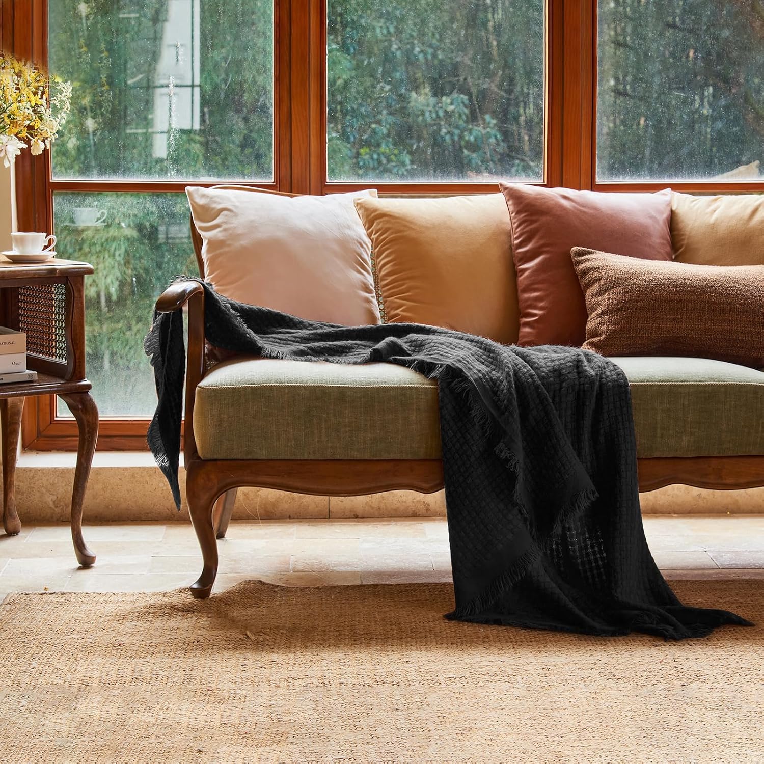 Fall Black Throw Blanket for Couch-Soft Boho Bed Throw Blankets,Cozy Knitted Waffle Throw,Small Farmhouse Lightweight Blanket&Throw for Autumn,Woman,Man,Chair,Sofa,Home Decor(Black,50 * 60")