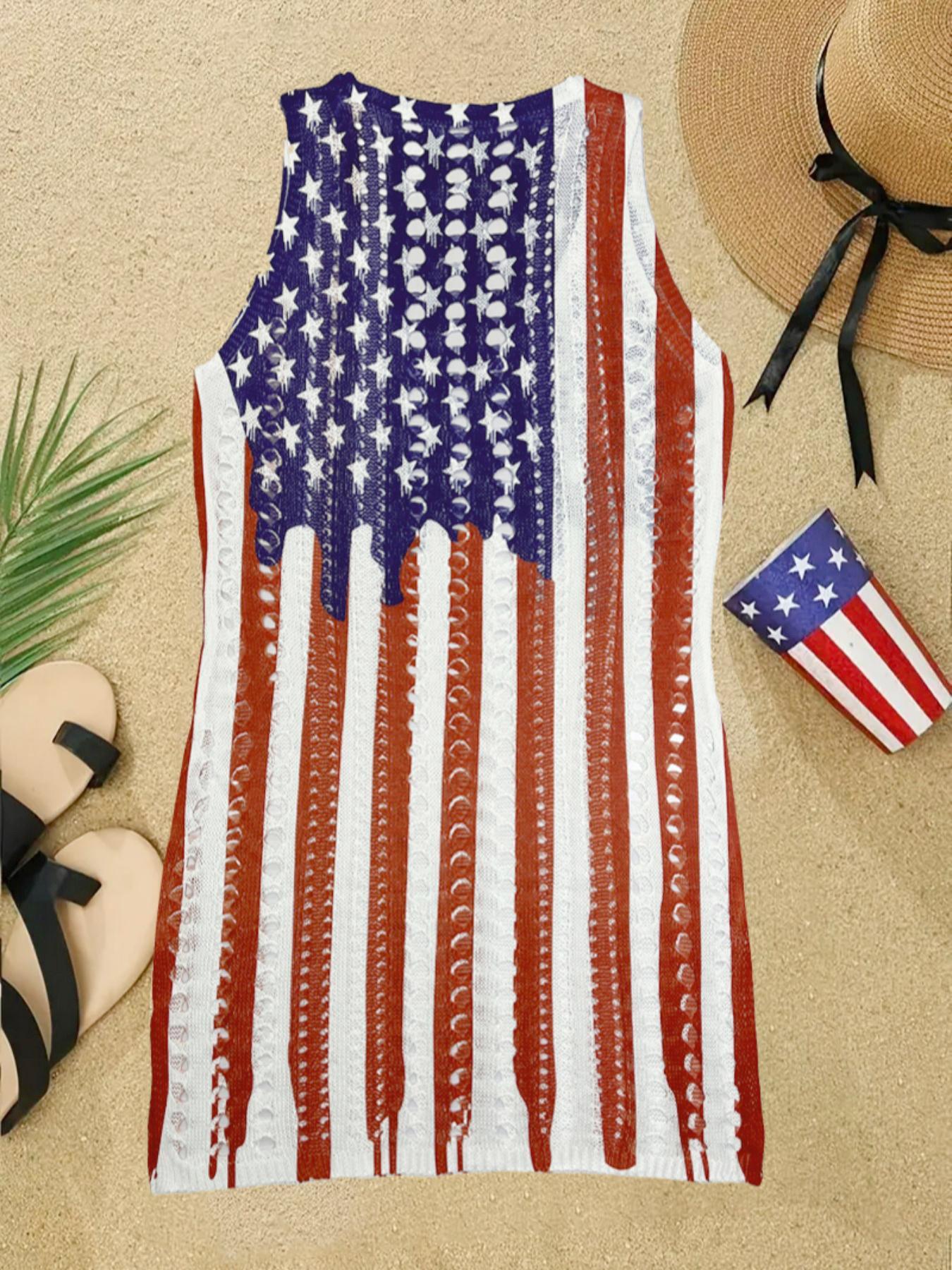 Women's American Flag Pattern Hollow Out Split Thigh 4th Of July Tank Dress, Casual Summer Scoop Neck Sleeveless A Line Dress for Summer, Casual Wear, Summer Casual Sundress, Casual Dresses